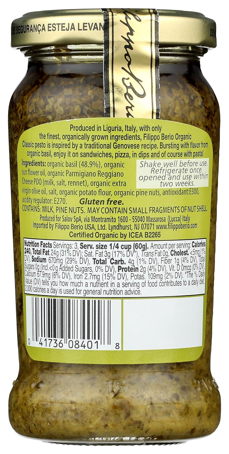 Filippo Berio Organic Classic Pesto, USDA Certified Organic, Gluten Free, 6.7 Ounce (Pack of 6)