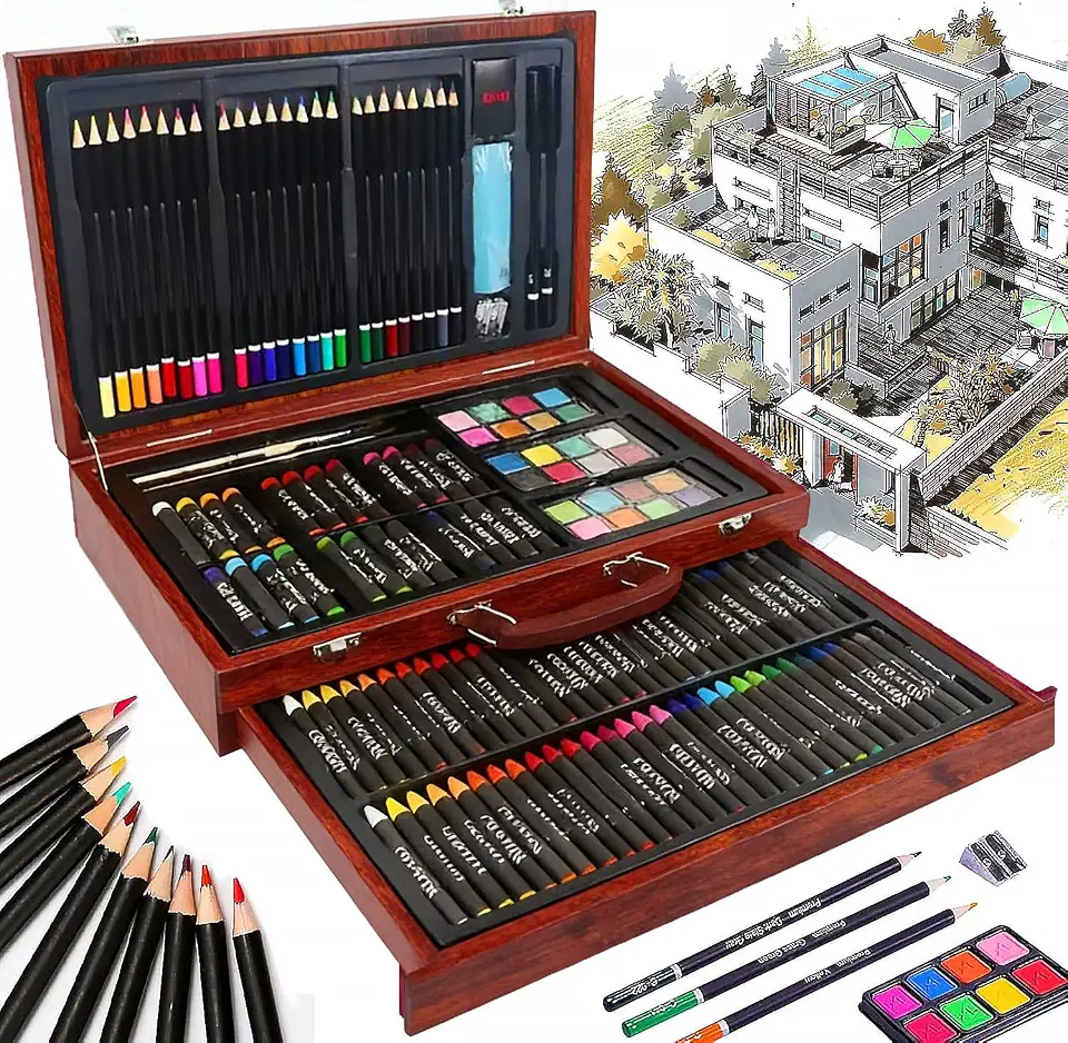 Kit de Arte 140 Peças para Pintura e Desenho Infantil, Maleta de Pintura Infantil, com Aquarela, Giz de Cera, Giz Pastel Oleoso e Lapis de cor, Presente para Menina e Menino 5 6 7 8 9 Anos