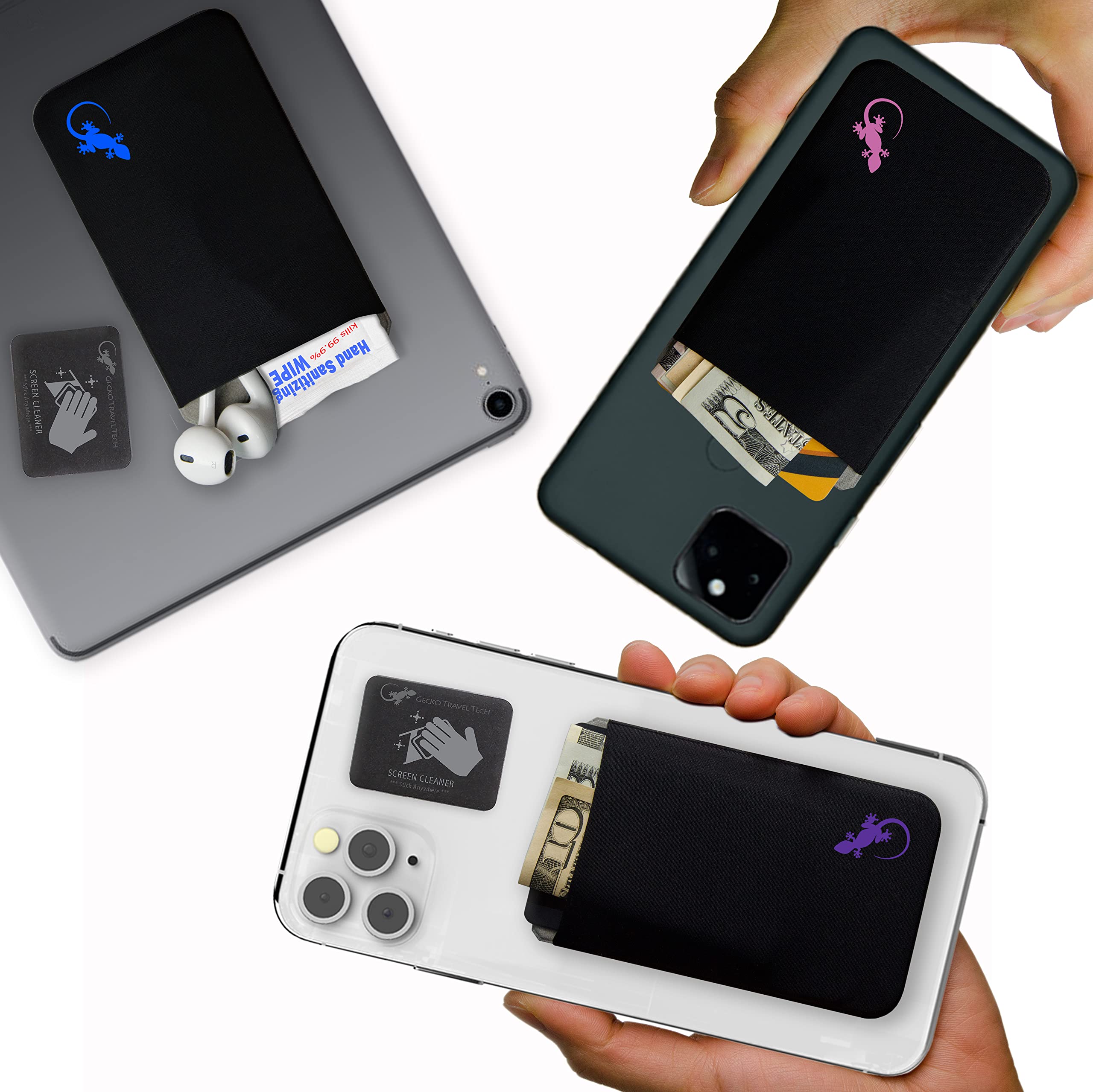 Phone Wallet - Adhesive Card Holder - Cell Phone Pouch - Stick on Lycra Pocket by Gecko - Carry Credit Cards and Cash