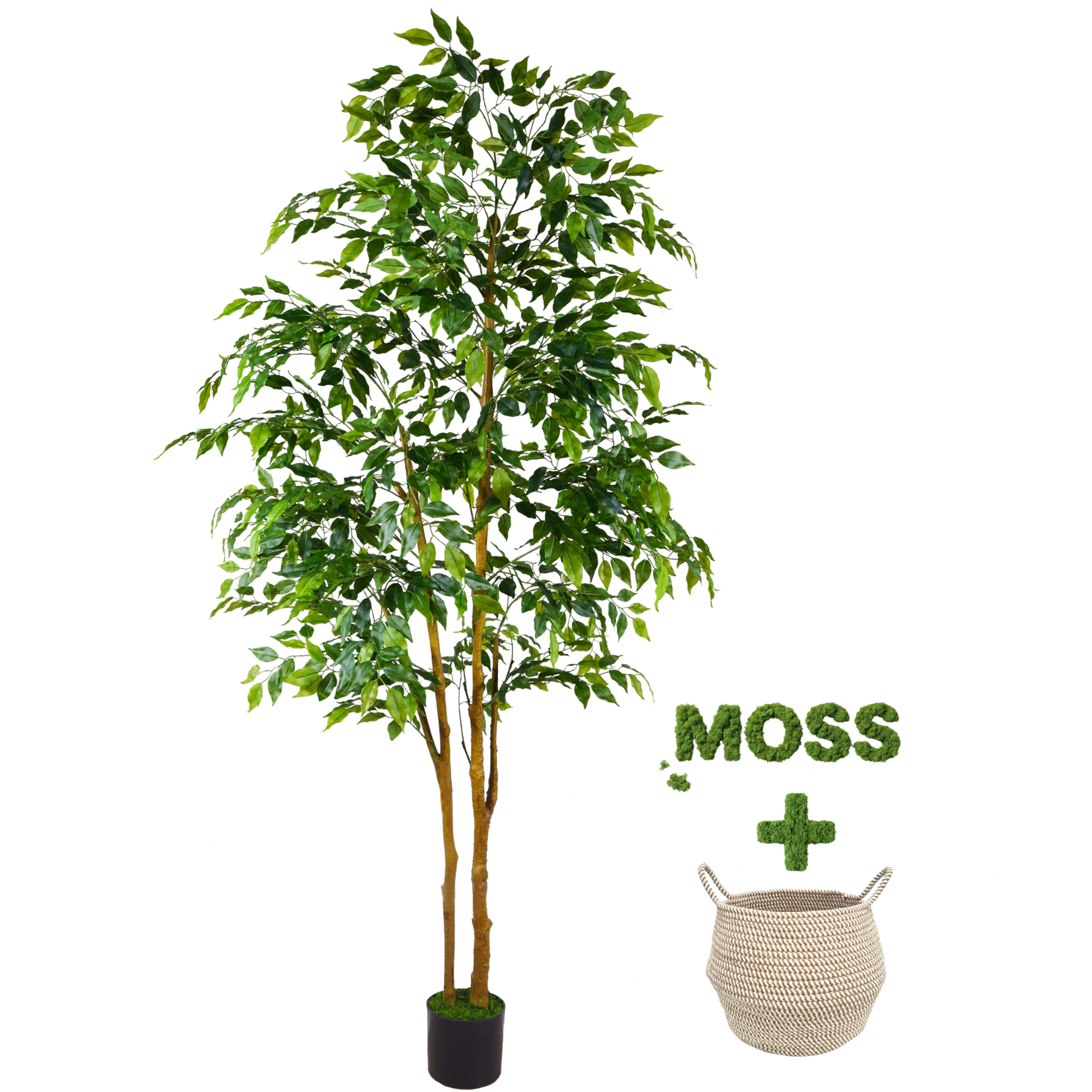 Warmplants Artificial Ficus Tree, 7ft Silk Fake Ficus Leaves Plant with Basket, Indoor Outdoor Faux Green Tree for Home Garden Office House Livingroom Decor