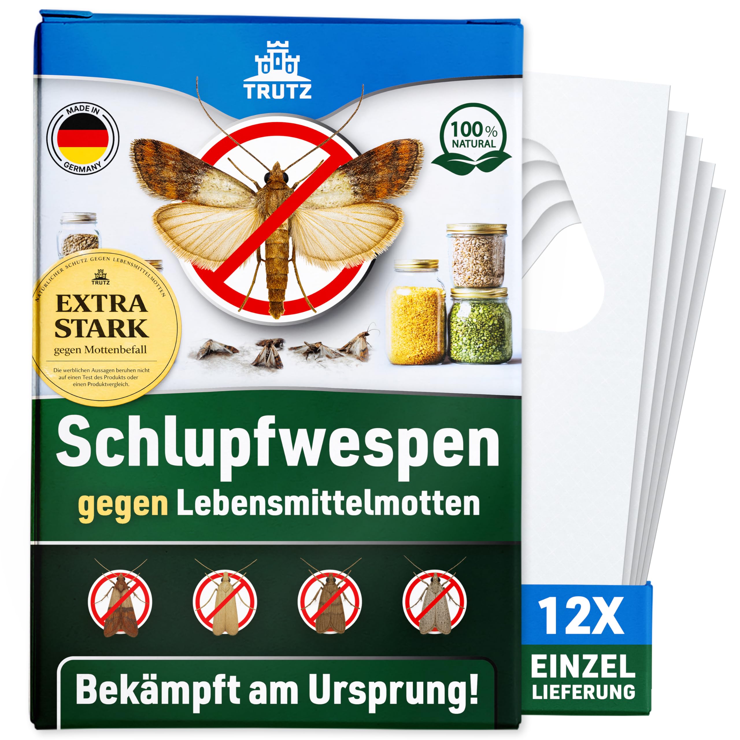 TRUTZ® Schlupfwespen gegen Lebensmittelmotten | 12 Karten à 1 Lieferung | Nachhaltig & Effektiv Lebensmittelmotten bekämpfen | Alternative zu Mottenspray, Mottenkugeln und Lebensmittelmotten Falle