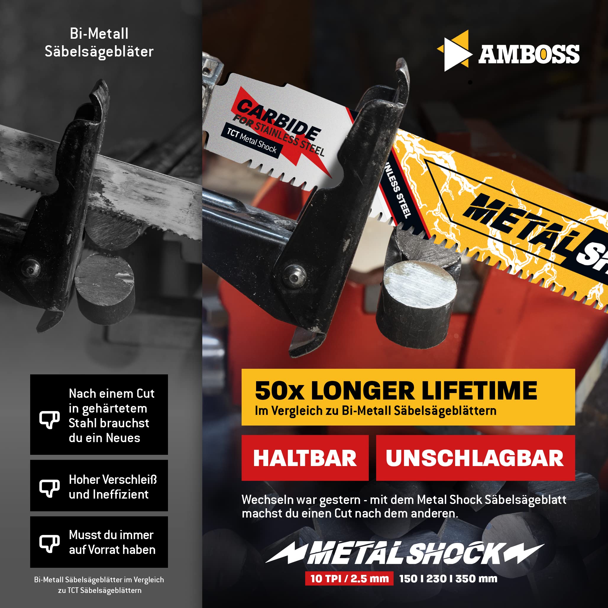 AMBOSS METAL SHOCK - 10 x brzeszczot do piły szablastej długość 230 mm / 10 ZpZ - idealny do odrywania/ montażu / demontażu/budowy rur - nadaje się do stali nierdzewnej oraz stali (rury/profile/nośniki) oraz rur żeliwnych