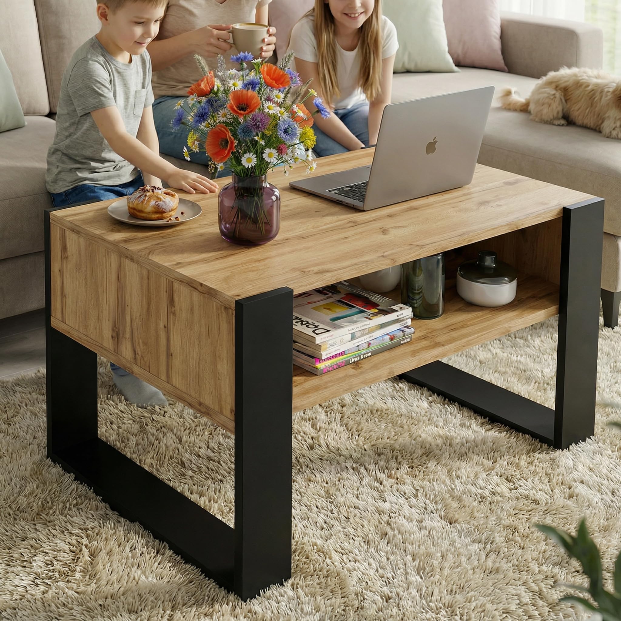 CraftPAK Mesa de Centro para salón de Madera, Mesa Moderna con Estante Adicional, Mesa para sofá, Color Negro