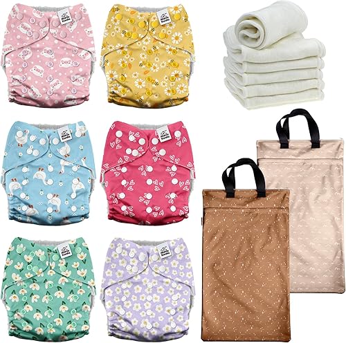 Mama Koala Pañales de tela 3.0 para bebé con 6 insertos, con 2 paquetes reutilizables para colgar en seco y húmedo