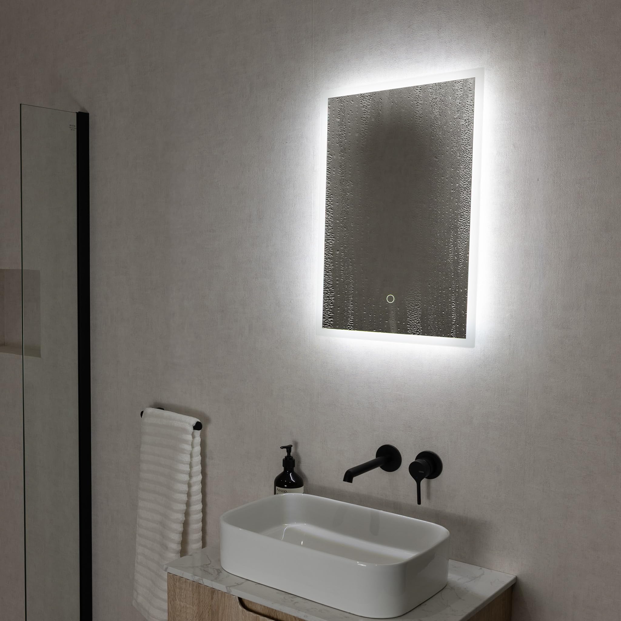 Pebble Grey Bathroom Mirror with LED Lights 400x600mm IP44 – Glendale Wall Mounted Rectangular Bathroom LED Mirror with Touch Sensor, Dimmable Colour Changing Lighting and Built-In Demister Pad