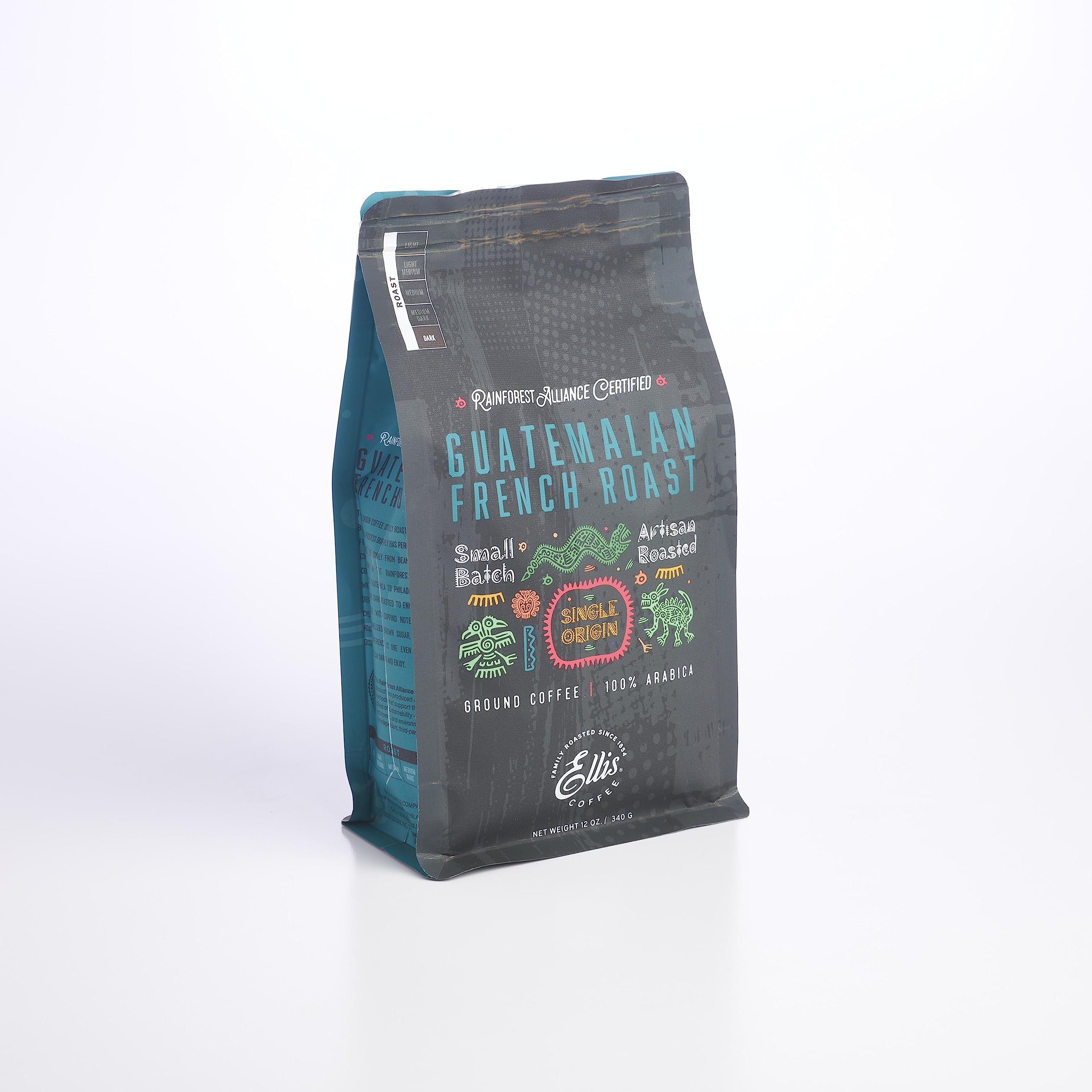 ELLIS COFFEEGuatemalan French Roast – Dark Roast – Rainforest Alliance Certified Ground Coffee – 12 oz Resealable Bag