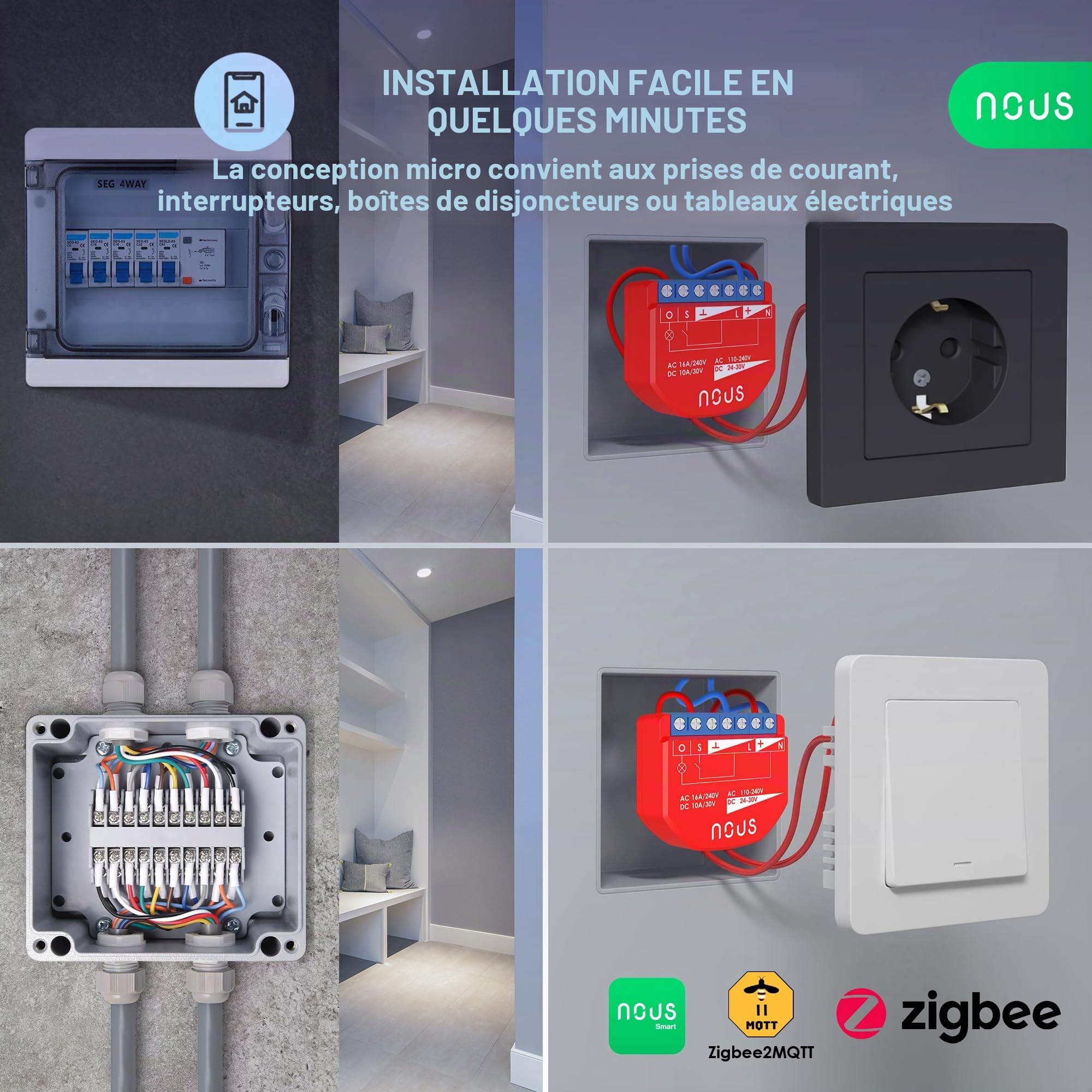NOUS Module Interrupteur Intelligent ZigBee avec Mesure de Puissance, 1 Canal, AC 16A/DC 10A, 3.0 Hub Requis, Compatible avec Alexa, Zigbee2MQTT, Google Assistant, Home Assistant, Tuya