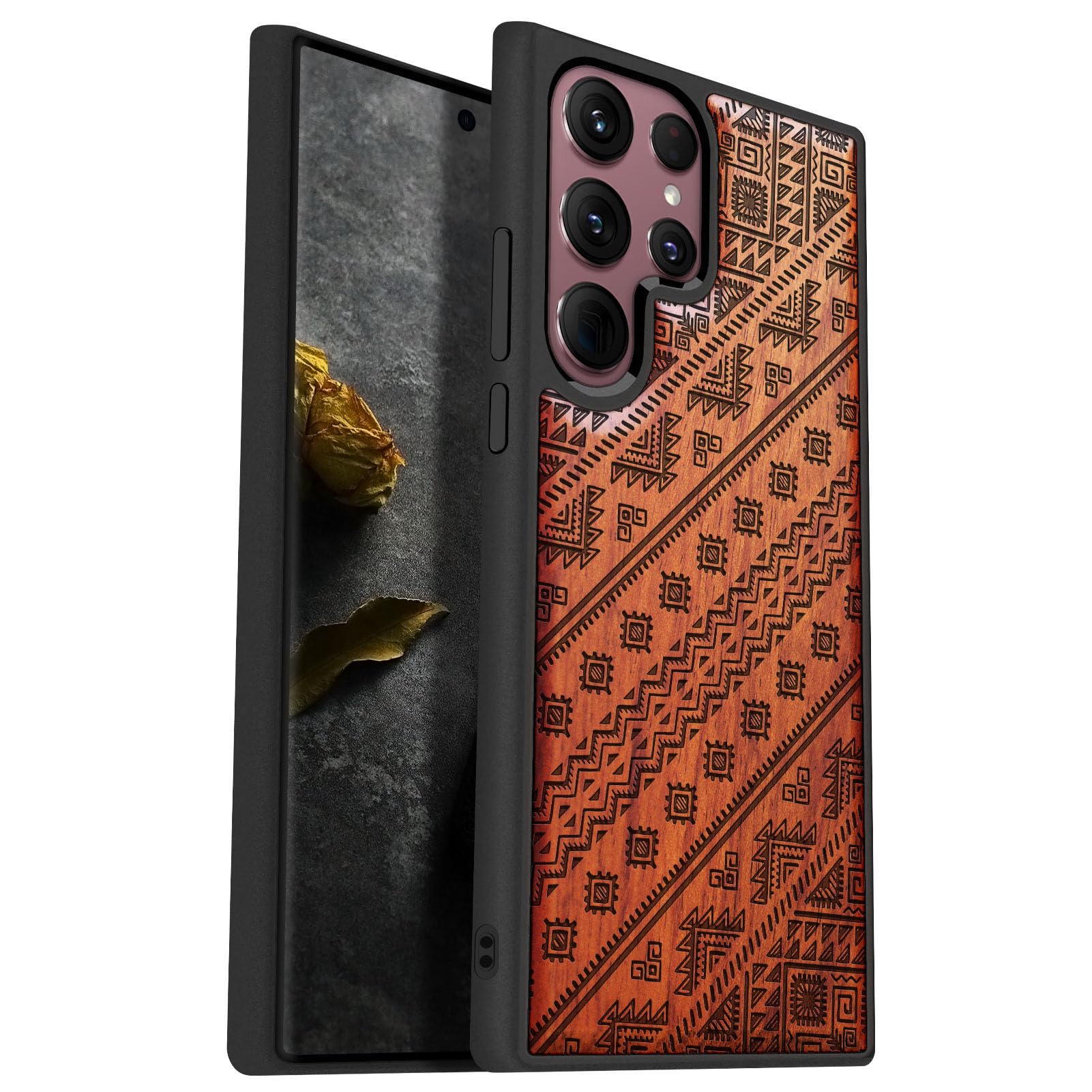 Cadeau idéal : coque Galaxy S22 Ultra en bois gravé aztèque