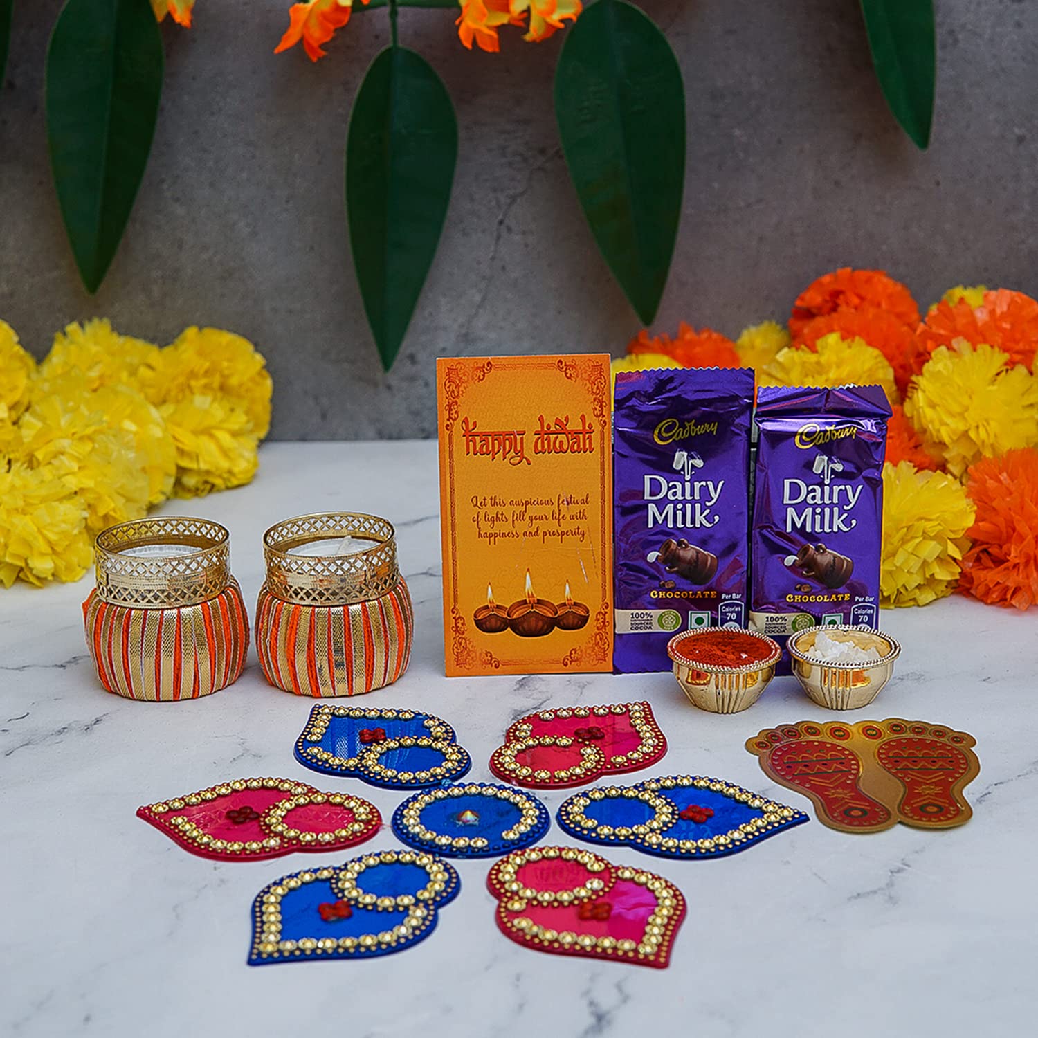 Diwali Pooja Samagri Kit & Gift Hampers & Decoration Items -Tea Light Candle Holder With Sweets Combo Laxmi Footprint, Roli Chawal, Coin & Greeting Card Metal Diya Diwali Gift Item Pooja Temple Décor
