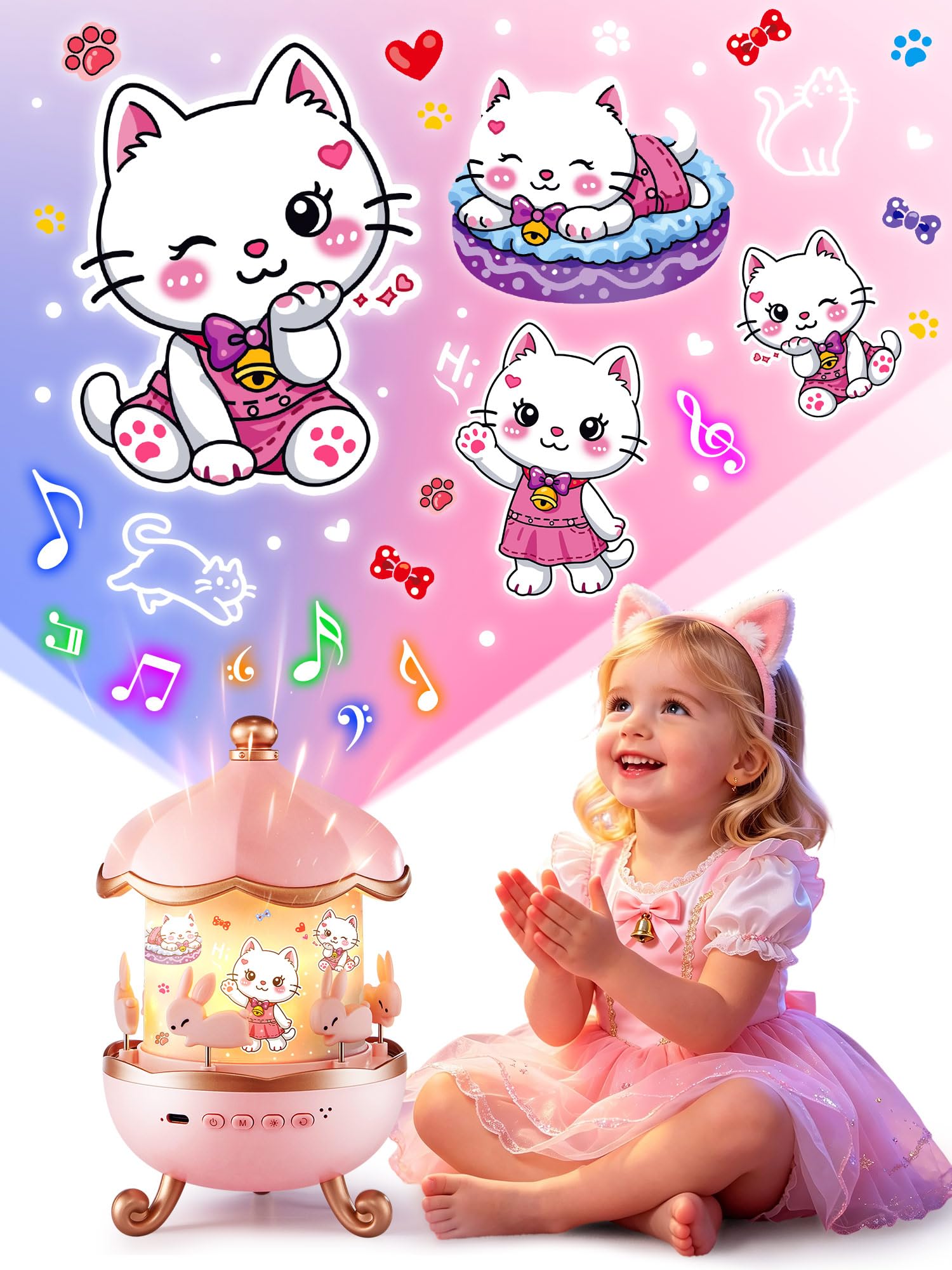 FELITE Kitty Toys for Girls 15 Sounds+19 Films, Cat Themed Gifts Projector | 399 Colors 360°+Remote+Timer+Music+Cordless Cat Lamp,Cat Night Light Projector,Gifts for Cat Lovers 3 4 5 Year Old Girl Tee
