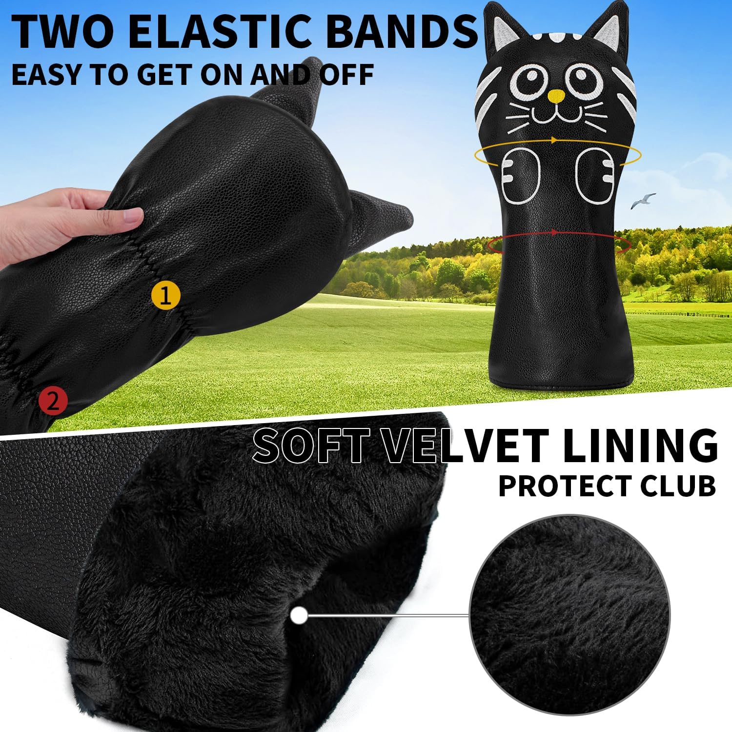 Golf Kitty Head Cover Golf Club White Leather Headcovers 1pc/4pcs Set Fits Driver Fairway Wood Hybrid Utility Putter Iron Wedge Headcover Blade Mallet Putter Cover