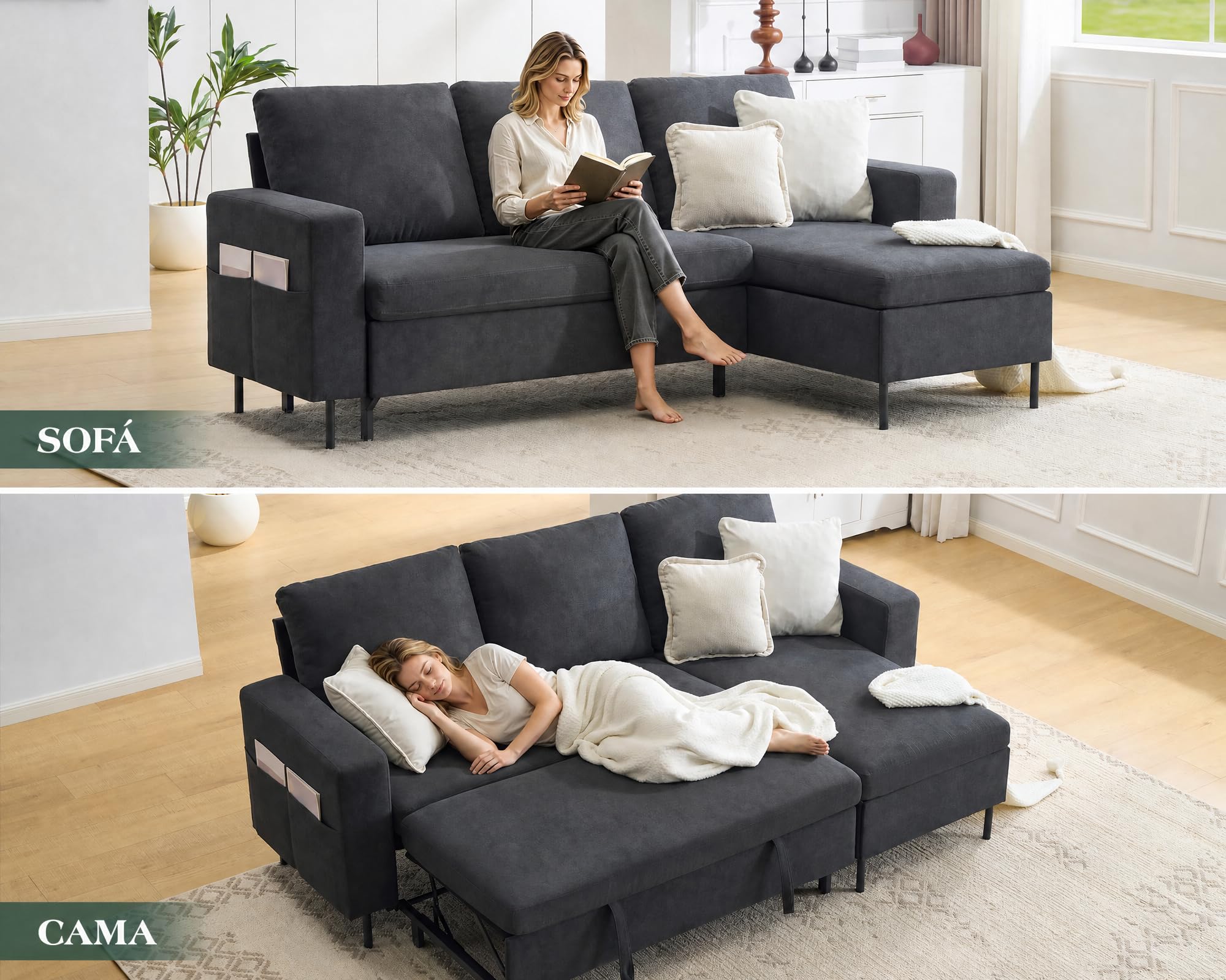 LUXOAK Sofá Cama en L 3 Plazas con Almacenamiento (Gris, Patas Altas)