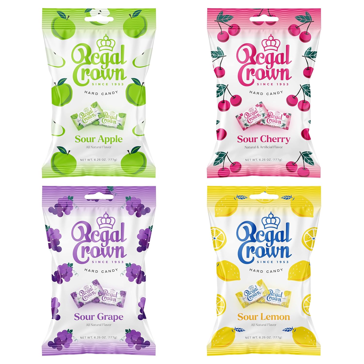 Sour Candy Variety Pack, 6.25 Ounce Bag (Pack of 4), 1 Of Each Flavor - Sour Grape, Sour Apple, Sour Lemon & Sour Cherry, Individually Wrapped Hard Sour Candy