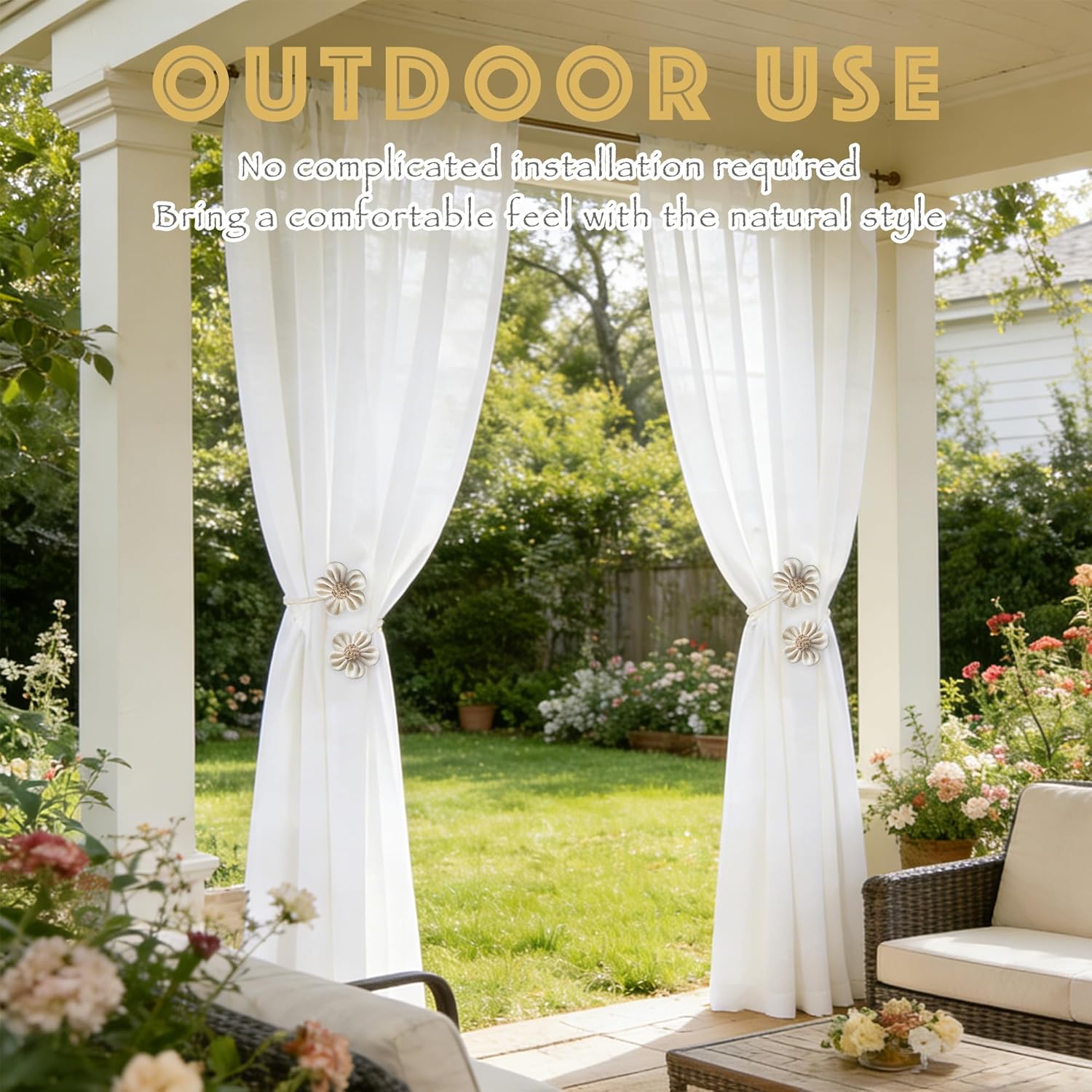 Curtain Tiebacks for Curtains Boho Holdbacks for Drapes, Farmhouse Jute Rope Tie Backs with Flower Decor, Window Curtain Accessories Holders for Indoor Outdoor Use, Set of 4