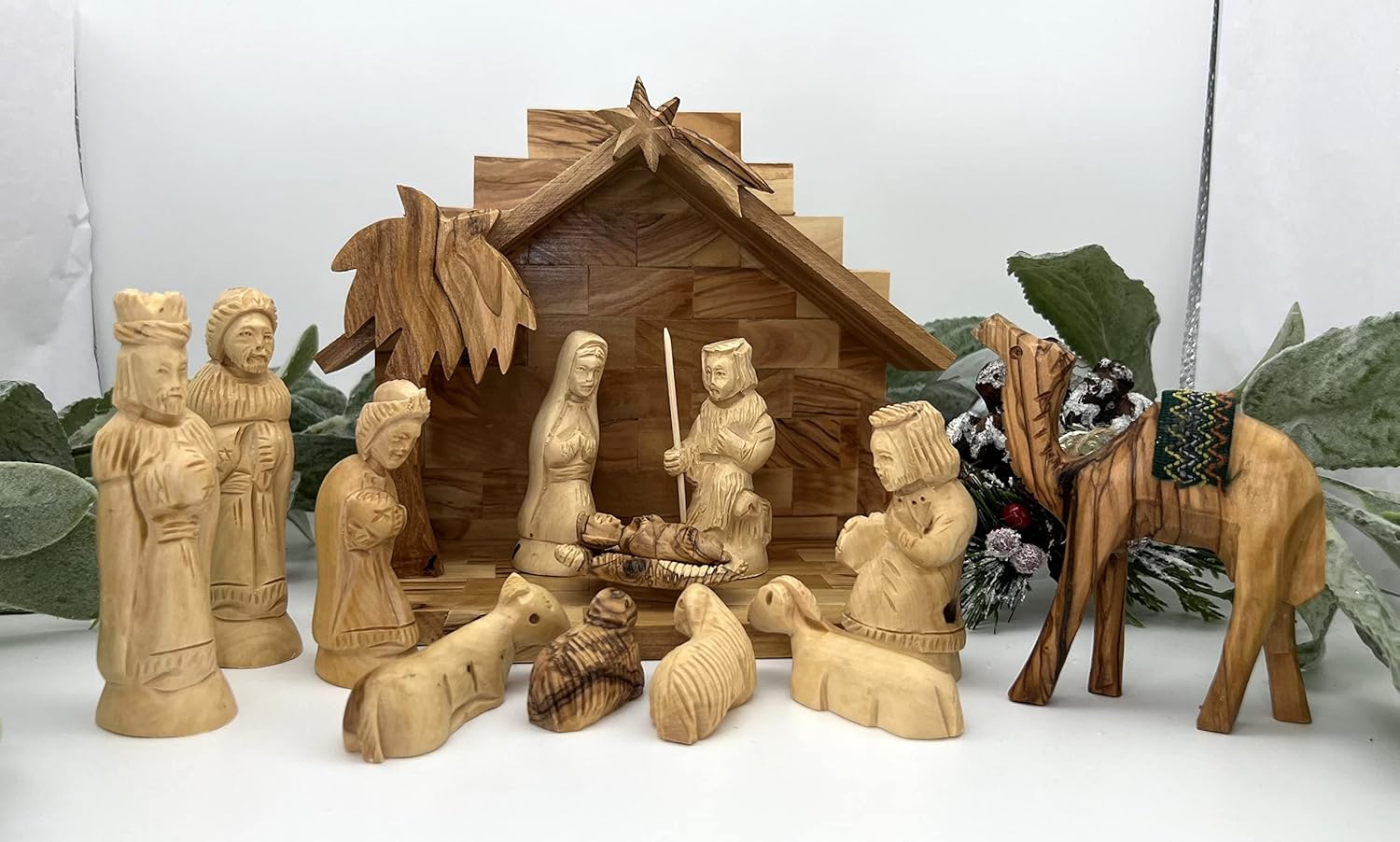 Christmas Nativity Set, Rustic Wooden Hand Carved Olive Wood Nativity Scene, Camel for Nativity Set Included, Carved Holy Family Nativity for Christmas