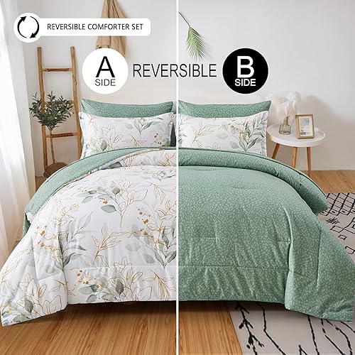 Miniatura 2 de WONGS BEDDING - Juego de edredón botánico reversible de 7 piezas, cama en una bolsa, de microfibra suave, tamaño full, hojas verdes (1 edredón, 2