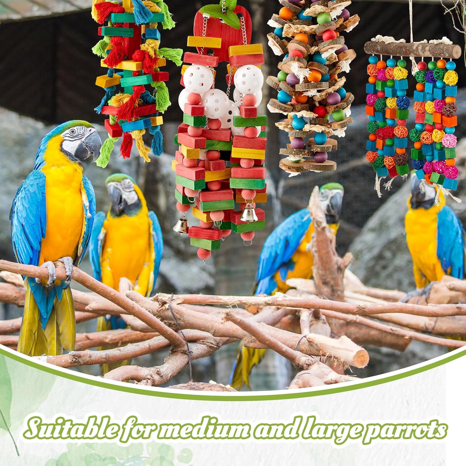 4 Pcs Extra Large Bird Parrot Toy Multicolored Natural Wooden Parrot Cage Chewing Toys for Large Medium Macaws Cockatoos African Grey Birds (Block and Ball)