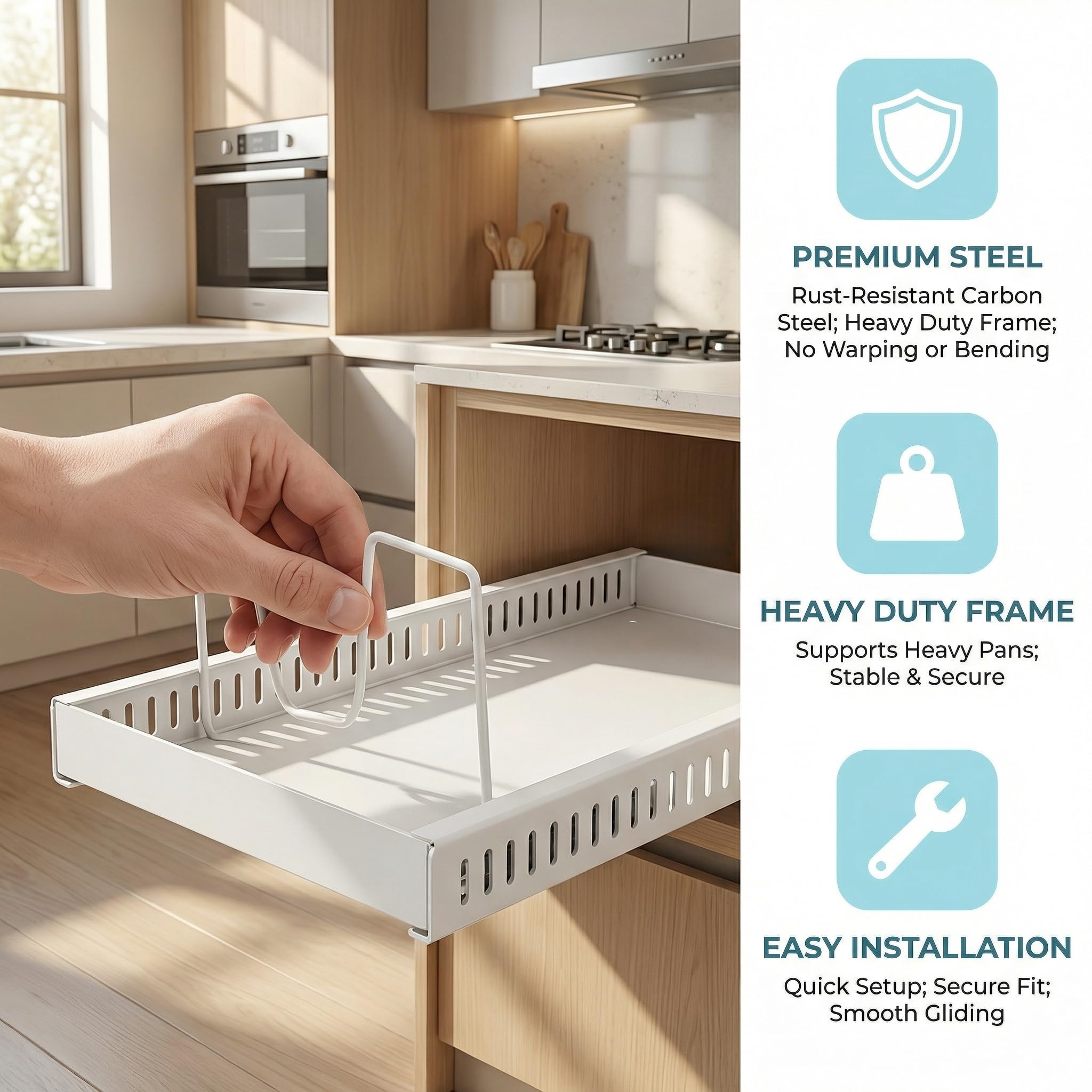 Porta Coperchi Pentole Scorrevole Portapentole per Cassetto con 12 Divisori Regolabili Organizer per Pentola e Padelle Porta Coperchi Pentole Salvaspazio per Padelle e Coperchi, Bianco