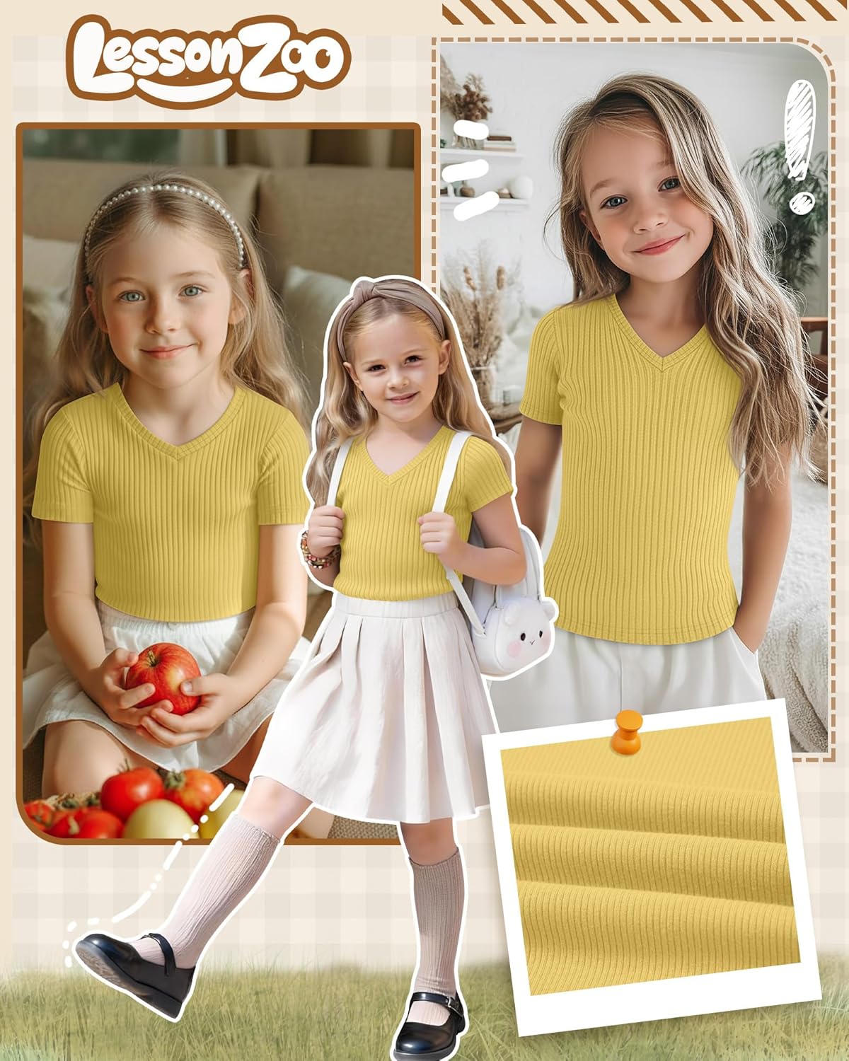 Girls Shirts Short Sleeve V Neck Ribbed Slim Fit Kids Tops Comfy Cute Summer Teen Girl Basic Tees - Image 5