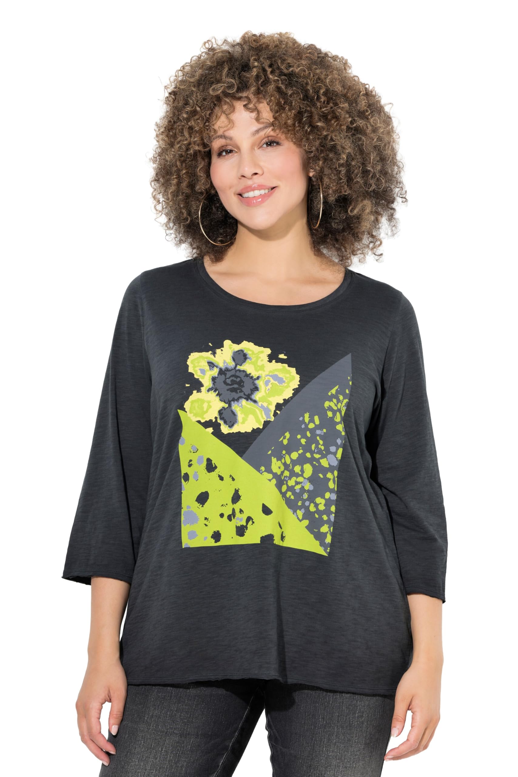 Ulla Popken Damen große Größen Übergrößen Plus Size Shirt, Patchdruck, Rundhals, 3/4-Arm, Rollkanten 830562