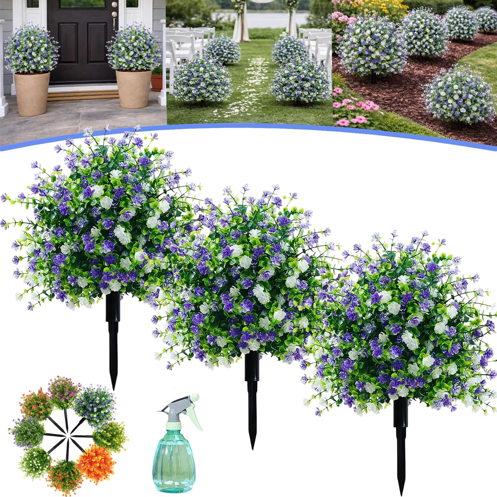 Artificial Potted Trees with Ground Stakes, UV Resistant Faux Plants for Outdoors, Realistic Artificial Outdoor Topiary Bushes in Pots, Fake Garden Shrubs for Front Porch Patio Decor (A,3 Pcs)