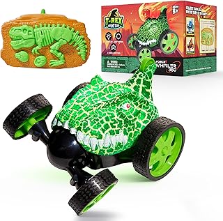 Force1 Dino Whirler T-Rex 360 Stunt Car Mini RC Car for Kids - Fast Remote Control Mini Stunt Car 5 Wheels LEDs 360 Flips Standing Rotating Small RC Car 2.4 GHZ Remote Control Car Toy for Boys Girls