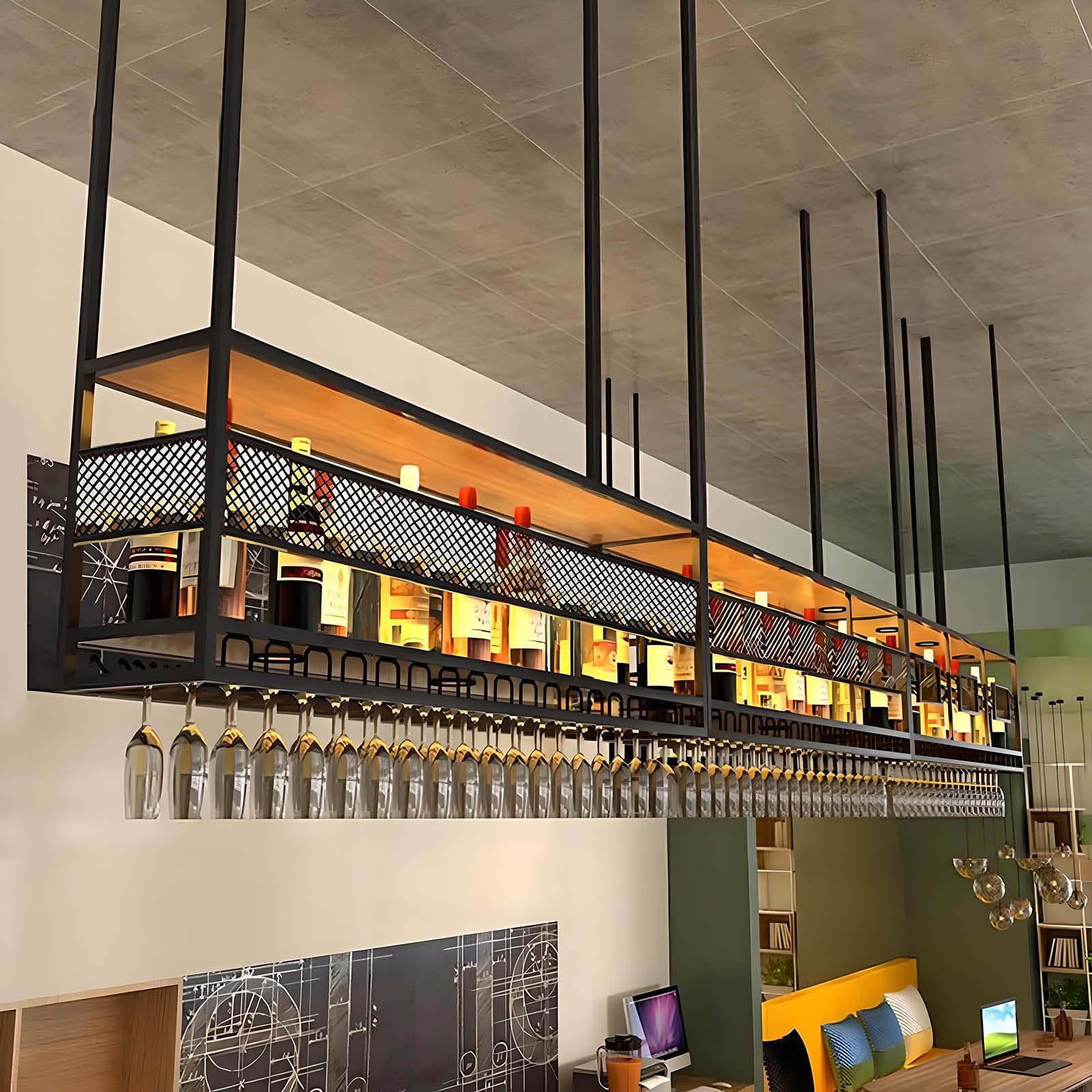 Deckenregal Weinregal, Hängendes Weinglasregal aus Metall, 2-stufiges Bar-Display Weinlagerhalter, für Bar Restaurant Cafe Küche (Schwarz, 120cm)