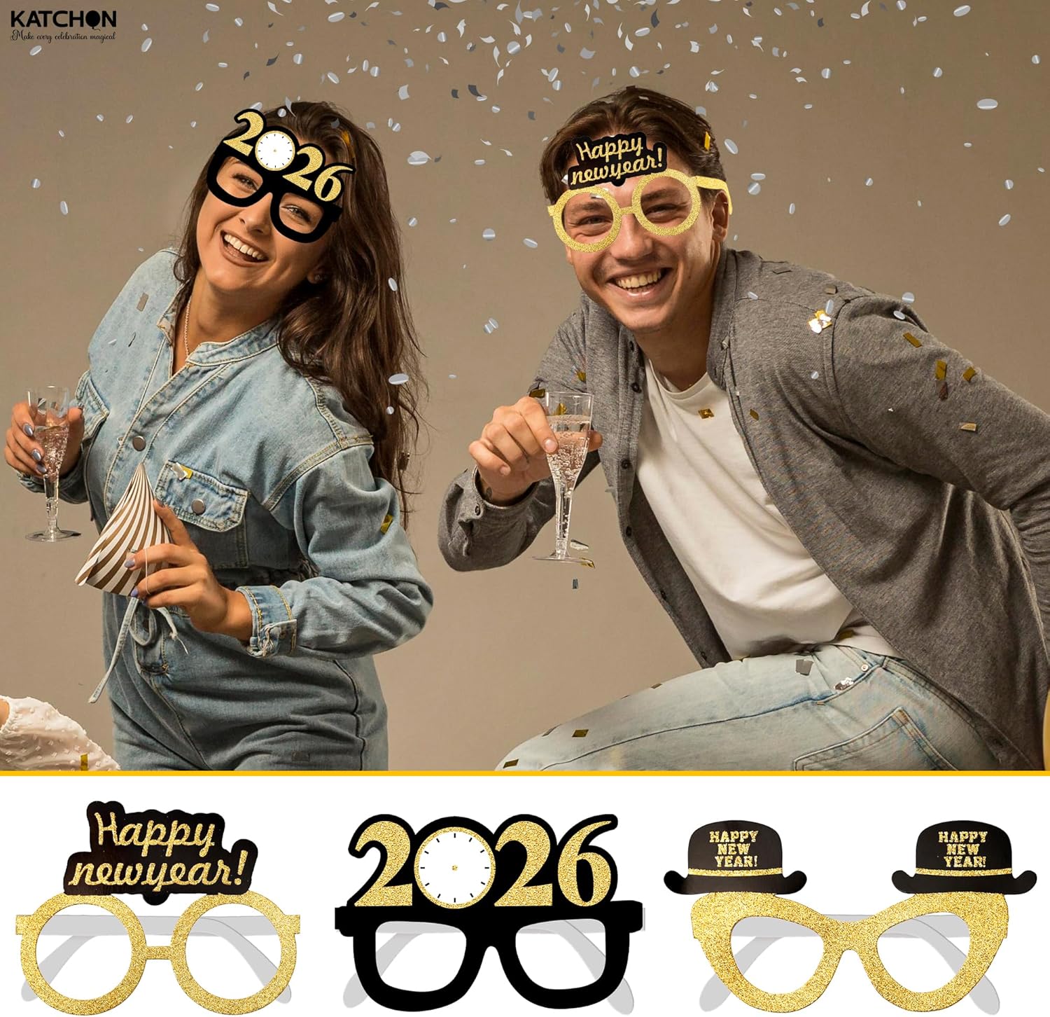 KatchOn, 2026 Glasses New Years - Pack of 12 | Happy New Year Glasses, New Years Eve Party Supplies 2026 | New Years Photo Booth Props, New Years Decorations 2026 | NYE Party Favors, NYE Decorations - Image 4