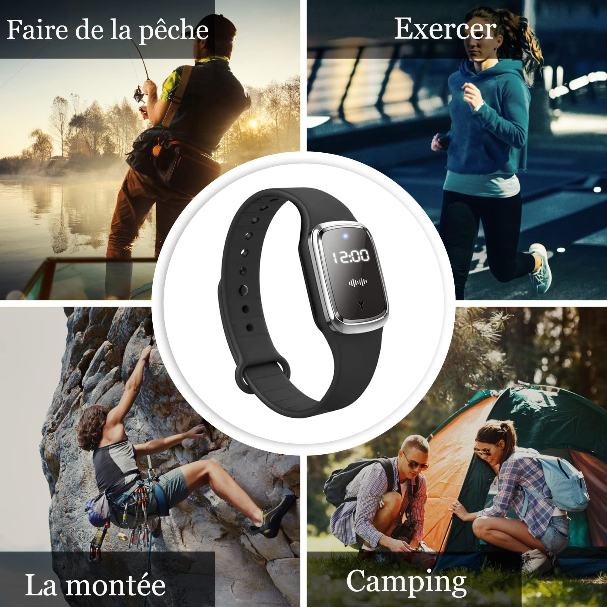 Bracelets anti-moustiques, Affichage de la Température Corporelle et Montre, Rechargeables par USB étanches à Ultrasons pour Adultes et Enfants intérieur et extérieur (Noir)