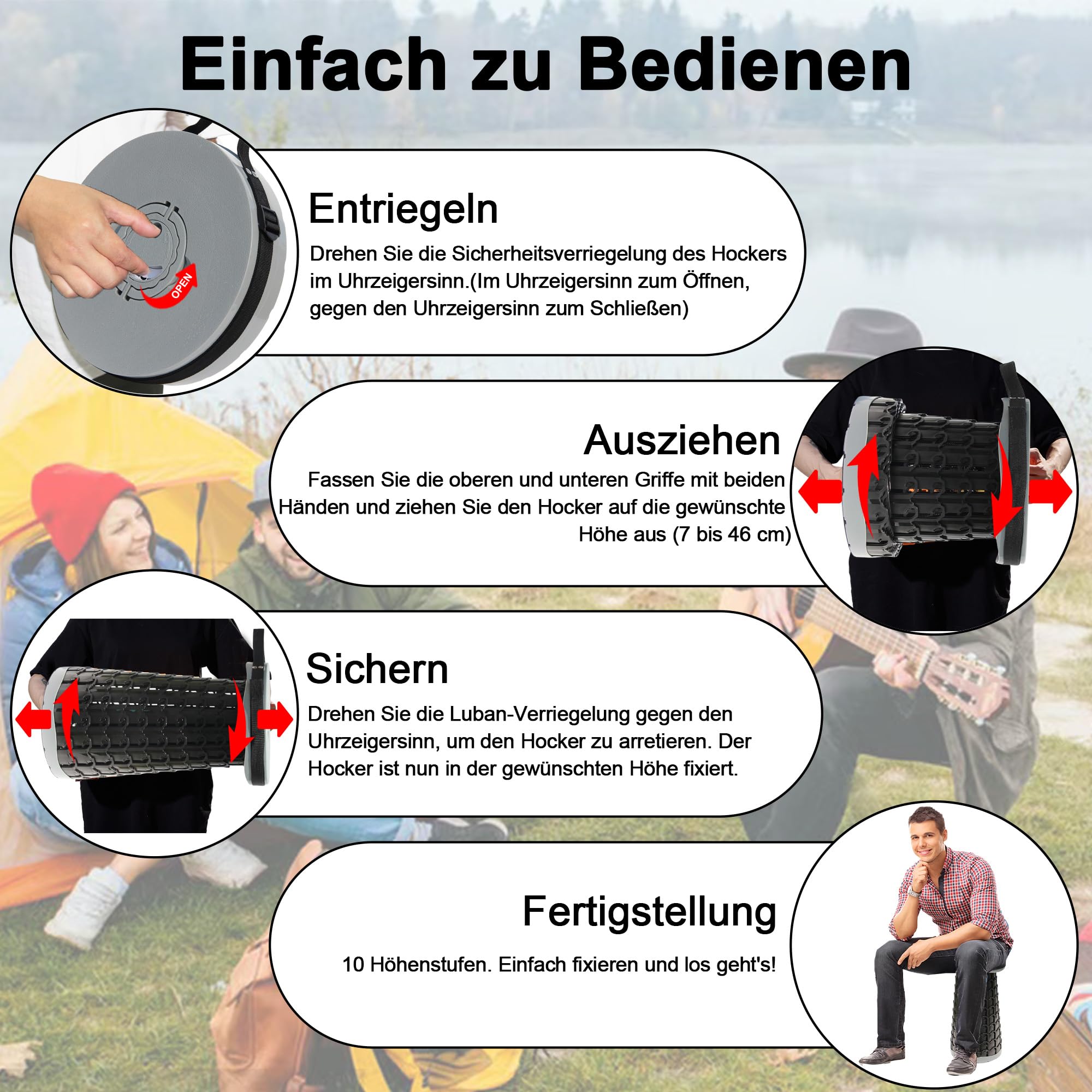 ALEVMOOM Klapphocker Teleskophocker mit Kissen Karabiner Tragetasche Camping-Hocker 360kg