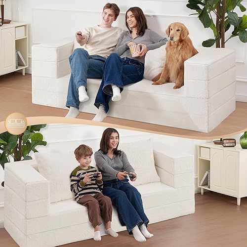 Miniatura 5 de Puf plegable para adultos, puf 3 en 1, sofá de piel sintética, sofá grande puf convertible, sofá cama para perro con almohada, dormitorio, sala de