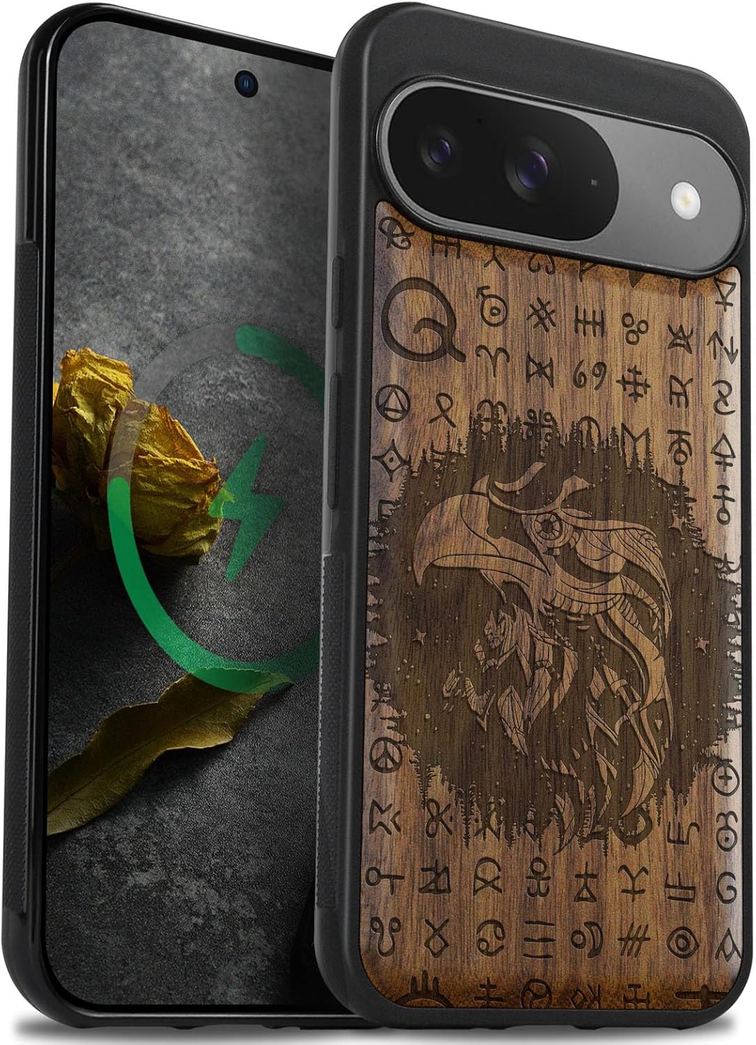 Carveit Magnetic Wooden Case for Google Pixel 9 Case, Wood Artisan Engraved & Soft TPU Shockproof Cover, Compatible with MagSafe Wireless Chargers (Night Falcon) Walnut