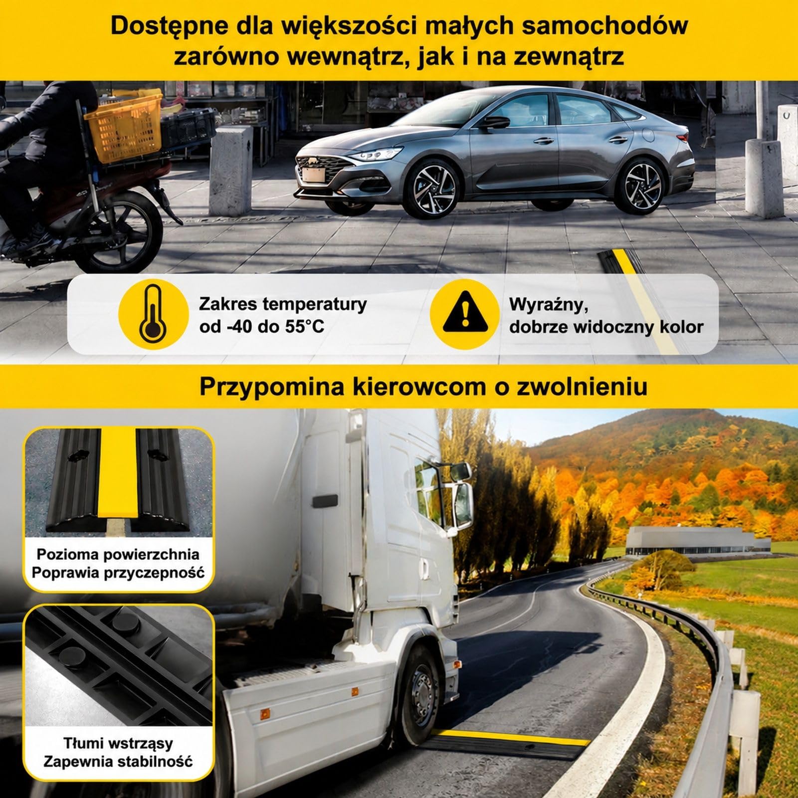Zestaw 4 mostków kablowych, 1 kanał, czarno-żółta guma i PVC, z otworami montażowymi do garażu i magazynu