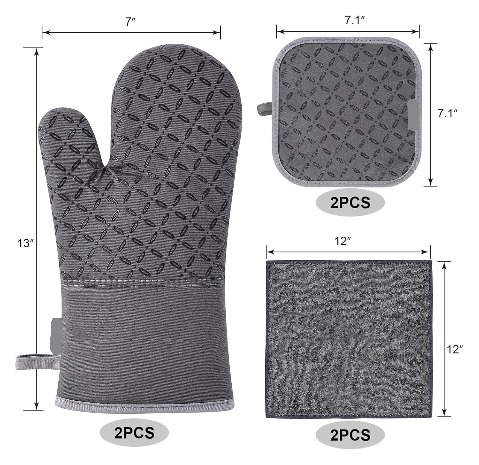 Genérico Set de Guantes de Horno de 6 Piezas, Silicona Microfibra, Gris