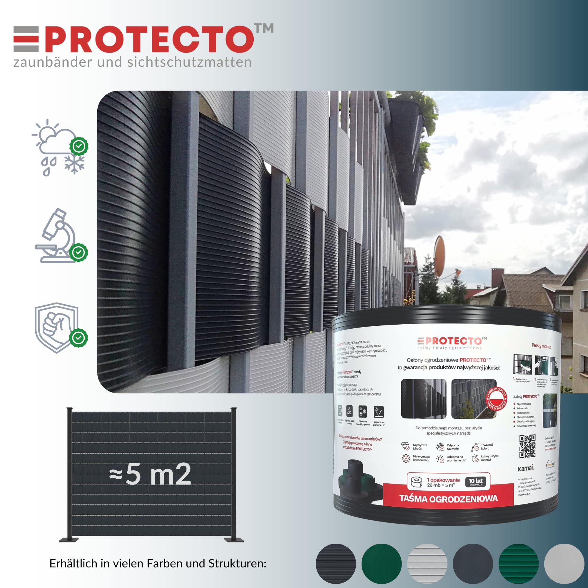 PROTECTO Classic PP Sichtschutzstreifen für Doppelstabmattenzaun, 26 m Rolle (ca. 5 m²), Anthrazit, Polypropylen Premiumqualität, für Garten & Balkon