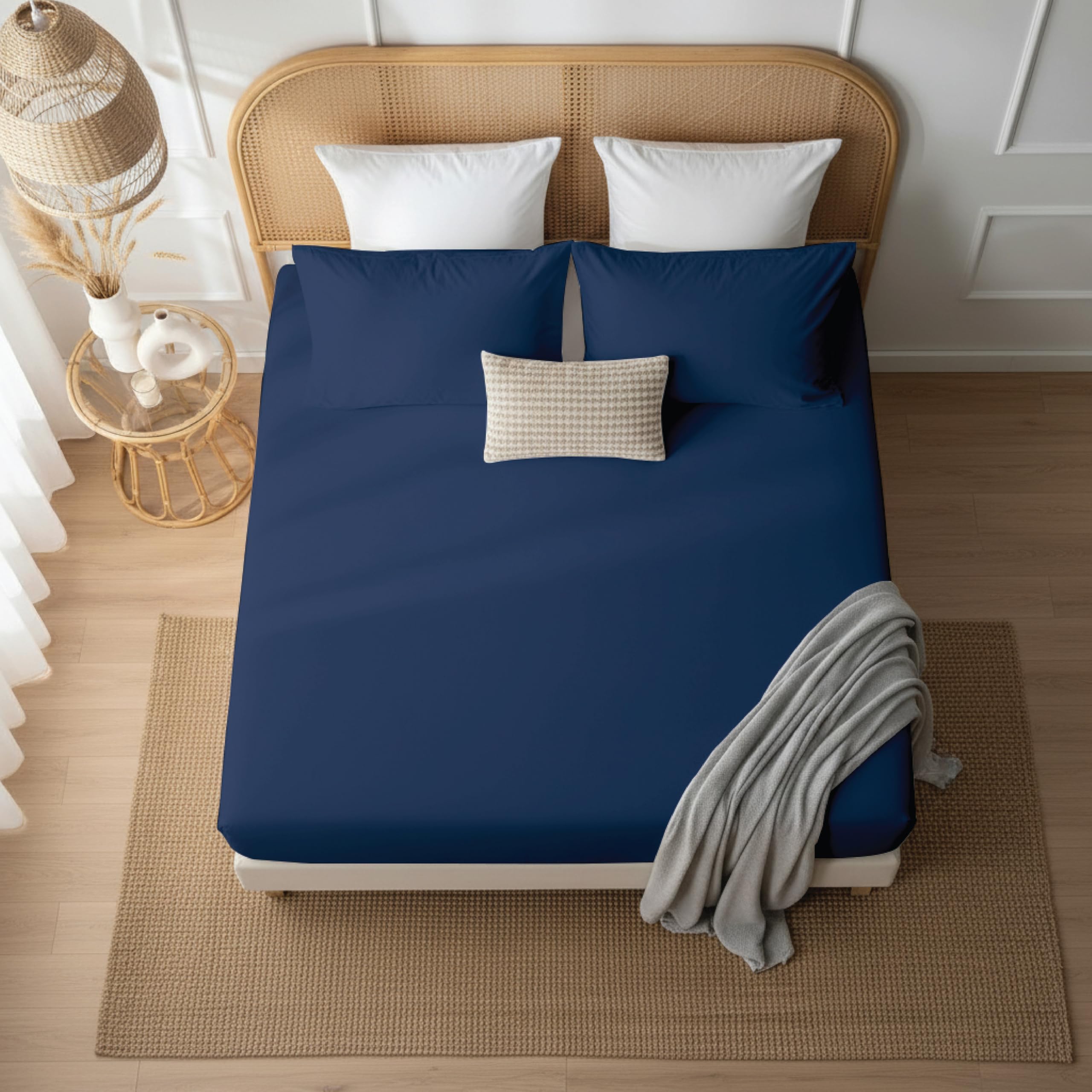 J.Din 100% Egyptian Cotton Fitted Sheet 300 Thread Count Breathable Hotel Quality Bedding 12” / 30cm Deep Pocket Bed Sheets (Navy Blue, King)