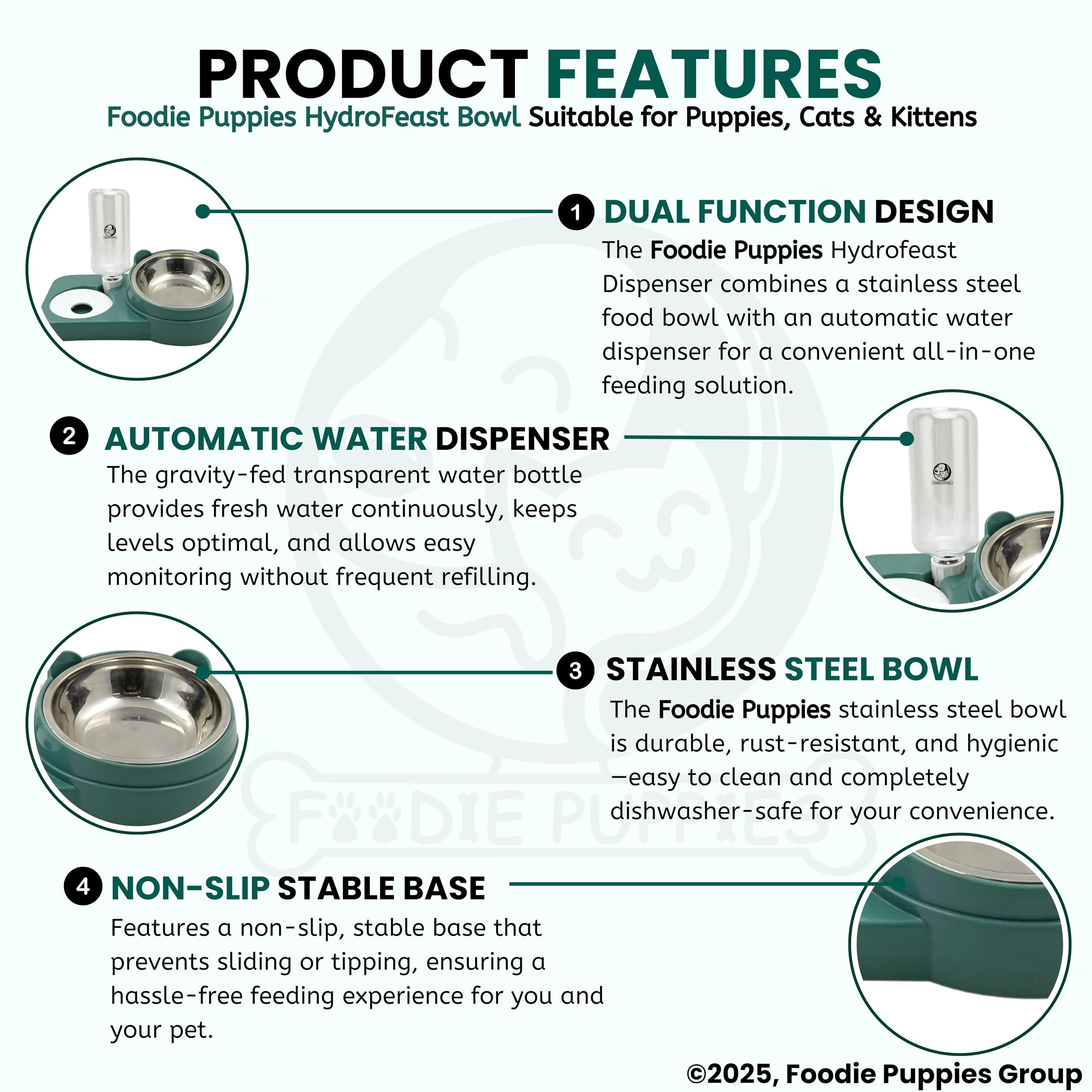 Foodie Puppies 2 in 1 Cat Feeder Bowls with Automatic Water Dispenser - (HydroFeast Bowl), Detachable Design, Stainless Steel, Tilted Raised Bowl for Puppies, Small Dogs, Cats, Kittens 4