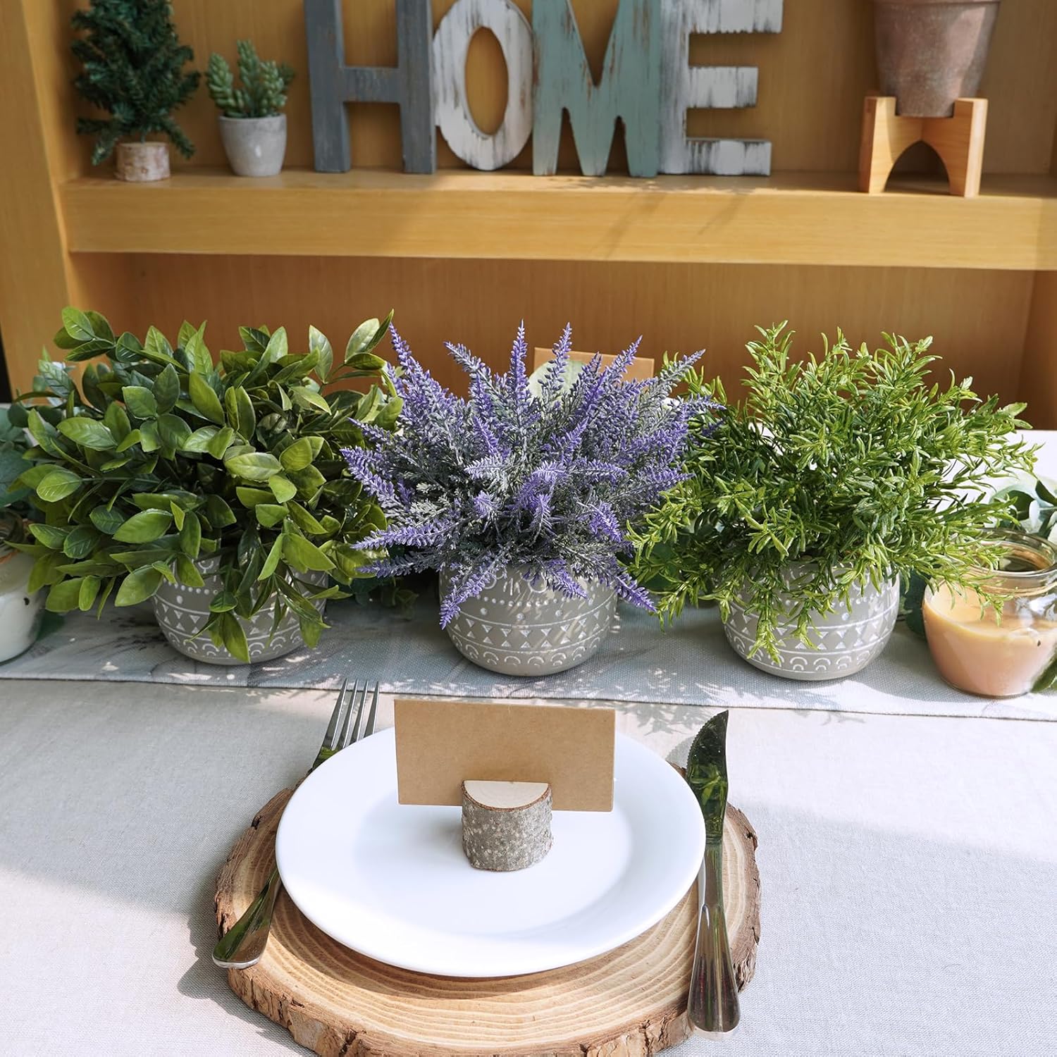 Winlyn Faux Potted Plants Set of 3 – Artificial Lavender Flower, Rosemary, Boxwood in Gray Geometric Concrete Pots for Wedding Home Living Room Table Centerpiece Windowsill Shelf French Boho Décor
