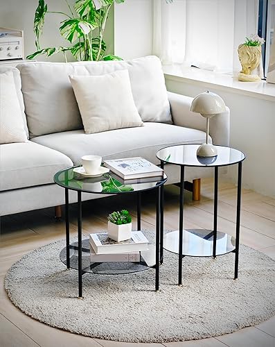 Miniatura 3 de Juego de mesa auxiliar de vidrio templado de 2 niveles, mesa de noche redonda de 20 pulgadas de alto, color gris