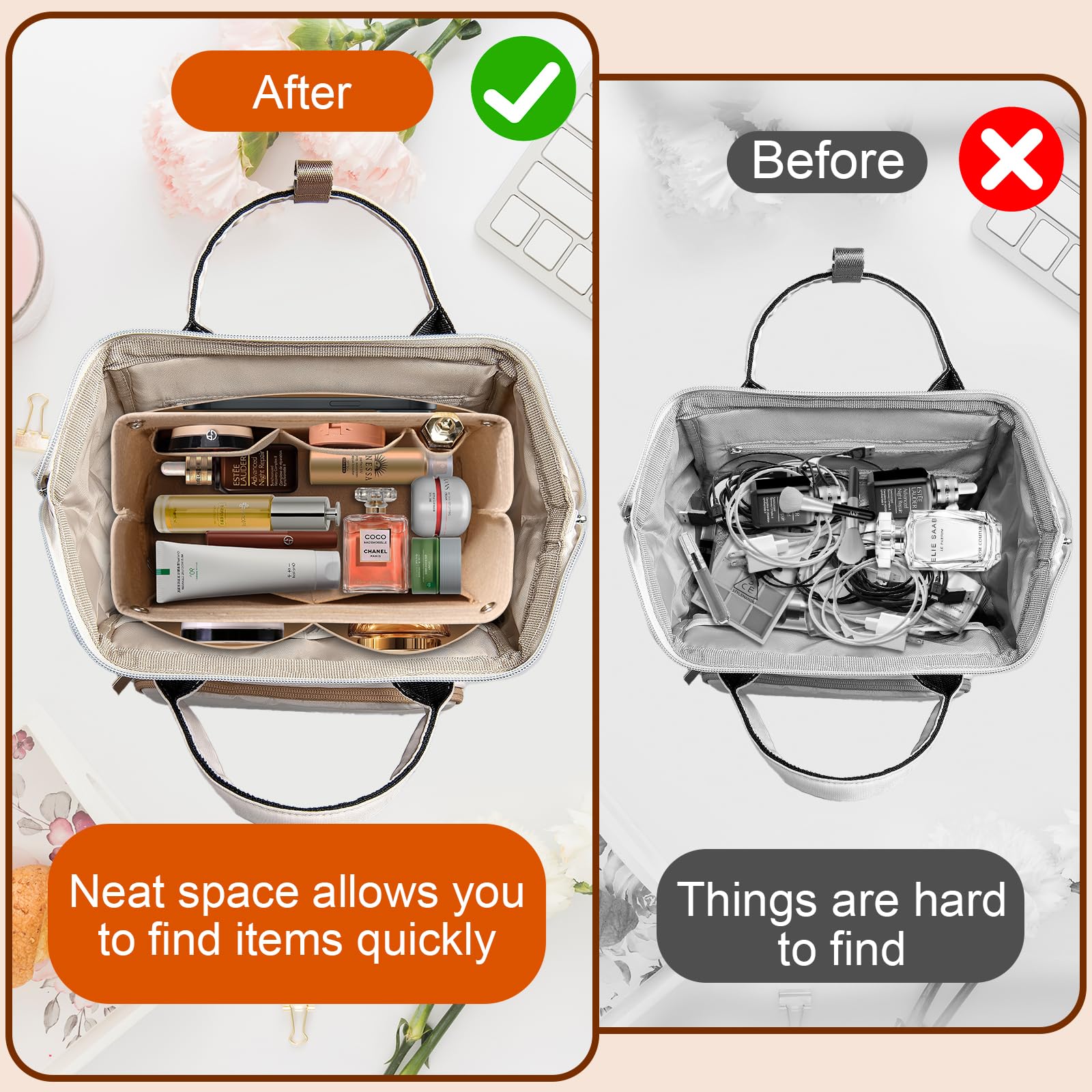 LIURFLNC Organisateur De Sac à Main, Poche Intérieure Pour Sacs à Main, 30 X 10 X 20 Cm, Poches Intérieures En Feutre, Grande Capacité, Organiseur Pour Sacs à Main Avec Plusieurs Compartiments