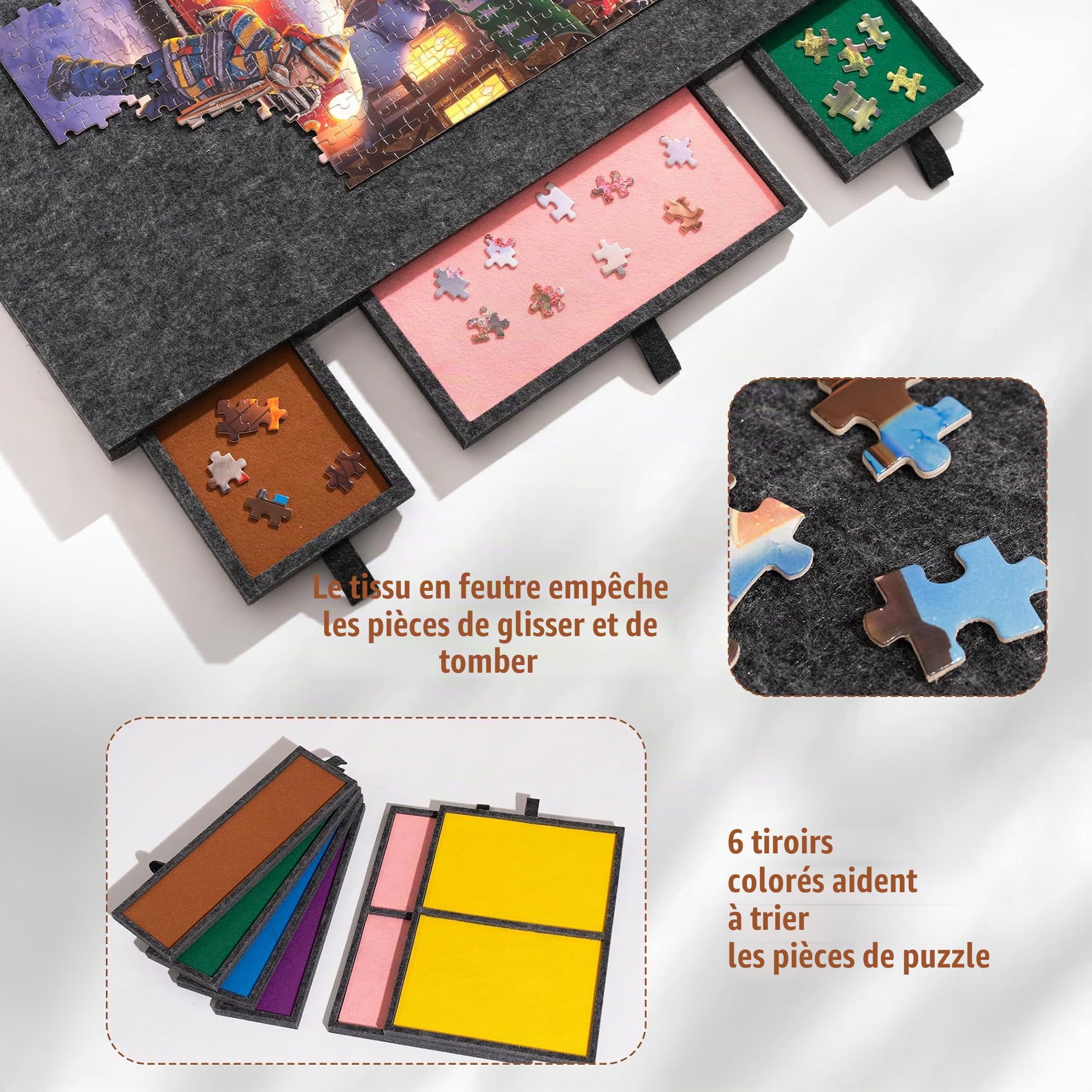 Tektalk Planche de puzzle pliable avec 6 tiroirs colorés, table de puzzle portable pour adultes, plateau de puzzle en feutre super léger avec couverture, rangement pour 1500, 1000, 500 pièces de