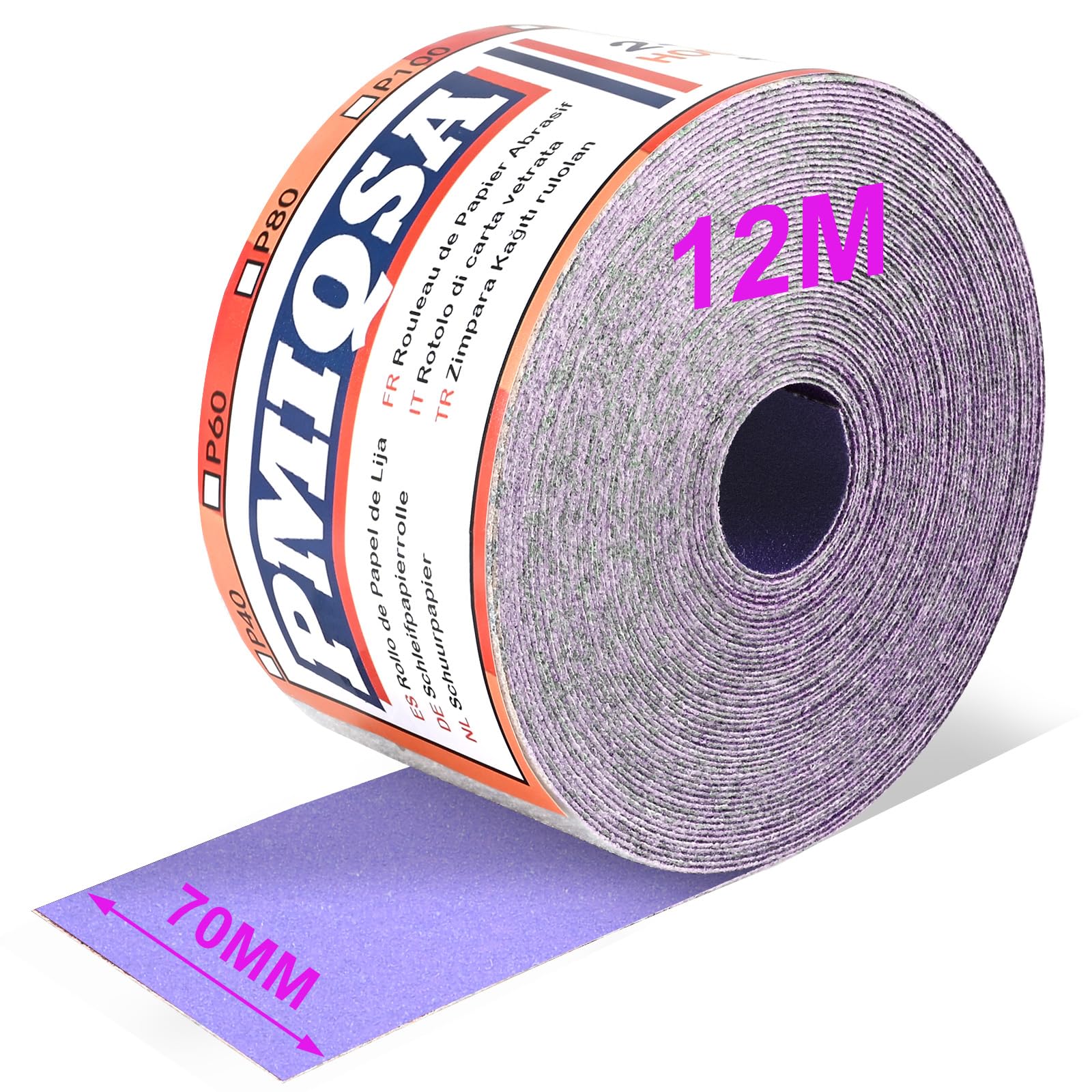 PMIQSA Purple Ceramic Sandpaper Roll 150 Grit, 70mm x 12M Hook & Loop Sandpaper for Automotive, Woodworking Color Sanding, Finishing Metal (Ceramics)