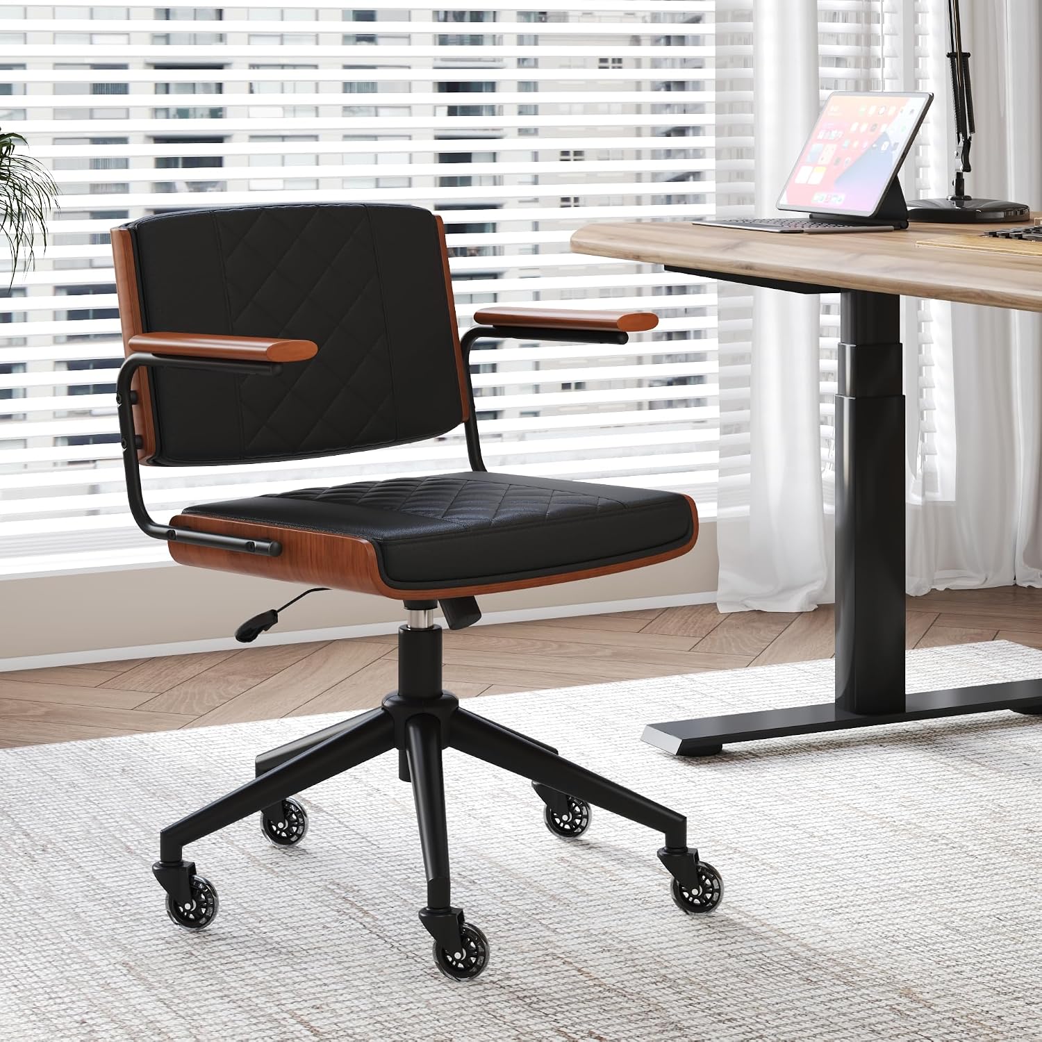 Ergonomic Office Chair with Rubber Wheels & Walnut Arms - PU Leather Mid-Back Desk Chair, Adjustable Height, Bentwood Backrest | Swivel Rocking Design for Home Office, Meeting Room, Study