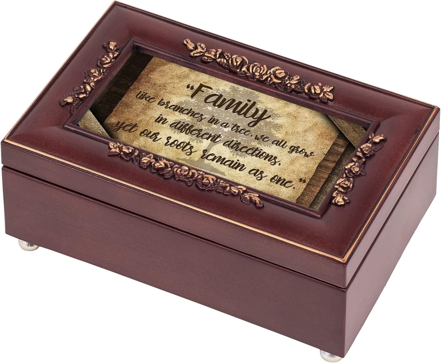 Cottage Garden Family Branches in a Tree Embossed Petite Rosewood Jewelry Music Box Plays Canon in D