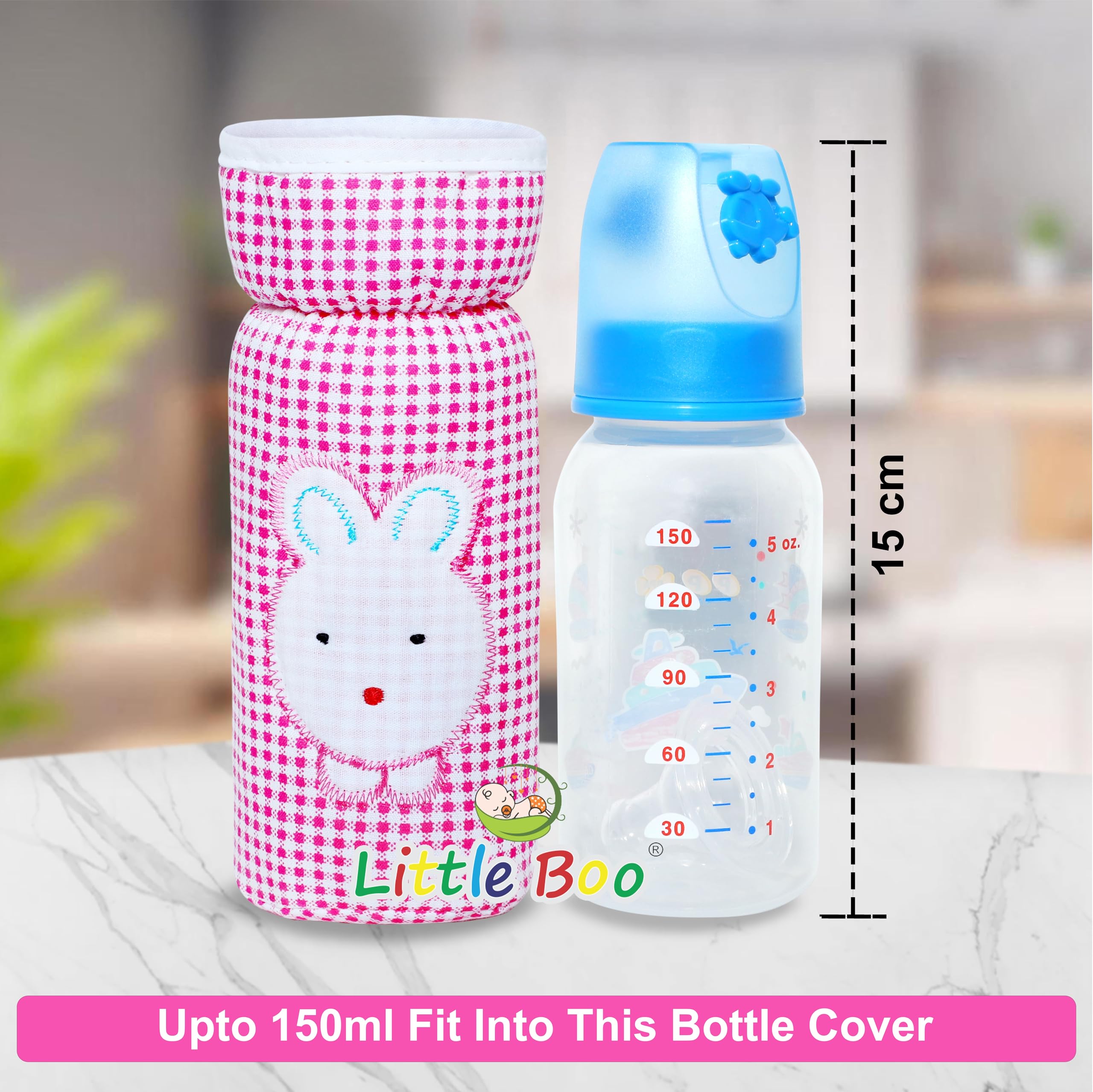 Little Boo Soft Plush Stretchable Baby Feeding Bottle Cover with Easy to Hold Strap | Check Design Cotton Pack of 2 (Pink and Orange,Narrow Neck Fits Upto 150ml) - Image 2 thumbnail