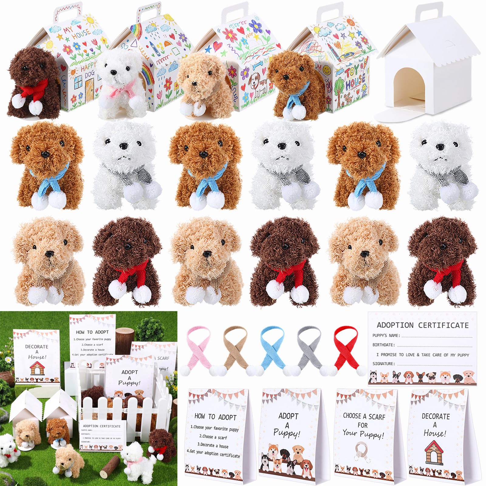 60pcs Adopt a Puppy Dog Party Favors Peluche Cani Ripieni Giocattoli Set Include 12 Mini Animali Di Peluche Animali, 12 Sciarpe Cucciolo, 12 Carte Adozione, 12 Scatole Casa, 4 Segnali di
