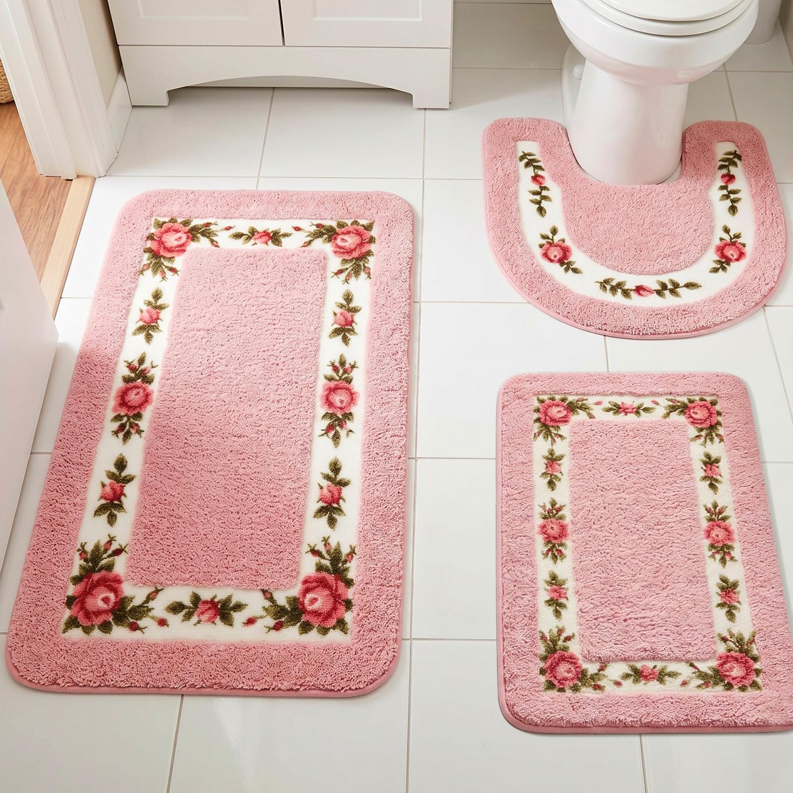 Drydiet 3 tappeti da bagno romantici con rose e fiori, per camera da letto, rosa, assorbente, antiscivolo, per casa, soggiorno, cucina, hotel, WC, pavimento, 2 forme