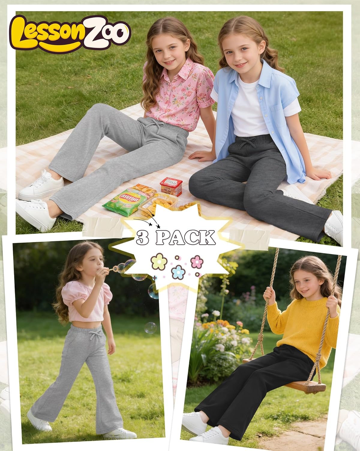 3 Pack Girls Sweatpants Flare Wide Leg Drawstring Casual Kids Pants Bell Bottom Loose Teen Joggers with Pockets - Image 2