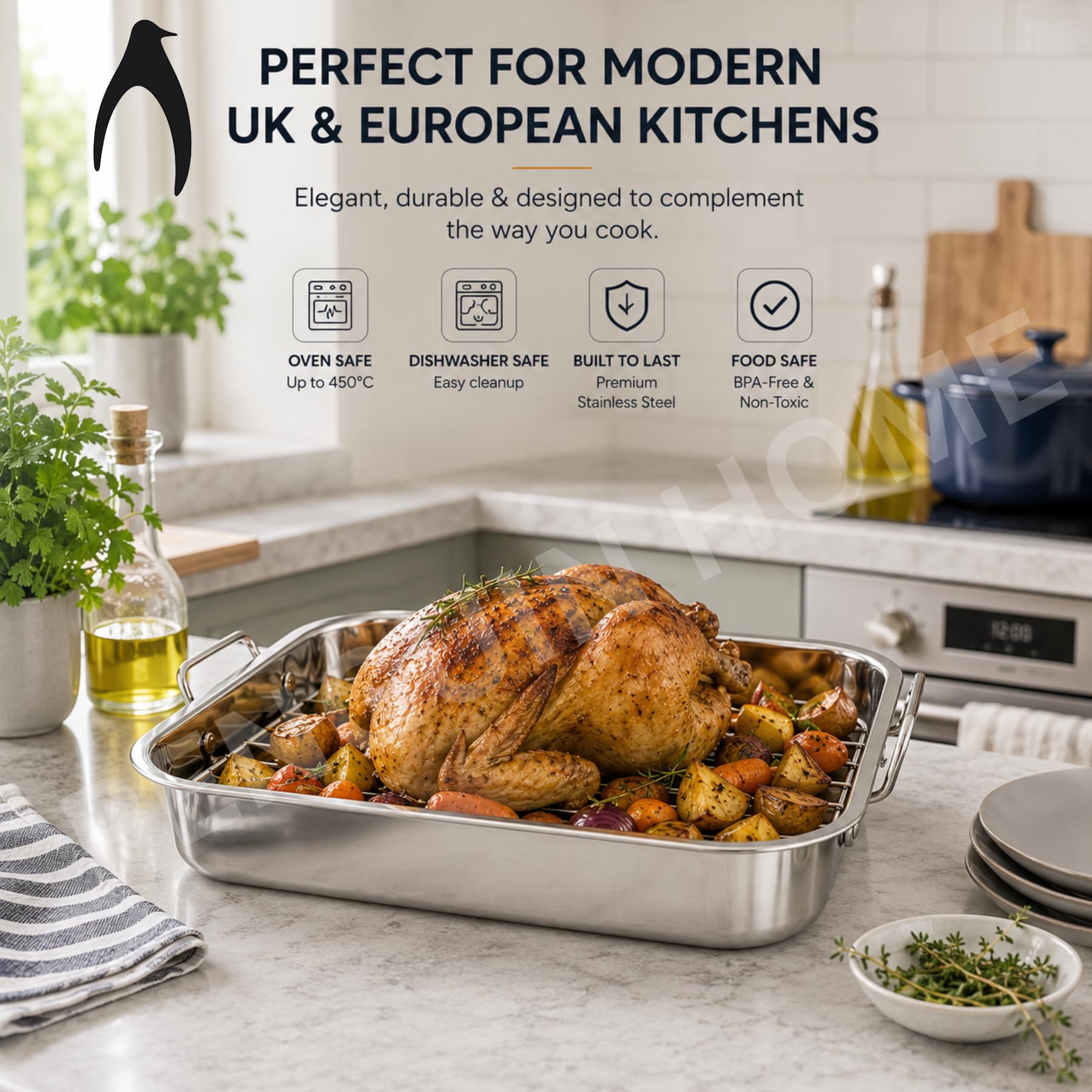 Penguin Home Premium Bräter aus Edelstahl mit Rost - Kompatibel mit allen Herdarten außer Induktion - Stabil und strapazierfähig - Abnehmbarer Grill, Bräter mit Griffen - Groß 37 x 28 cm…