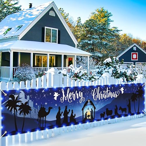 Miniatura 3 de Letrero de valla de Navidad para exteriores con cadena de luces LED, decoración religiosa azul de Jesús feliz Navidad, letrero de patio para